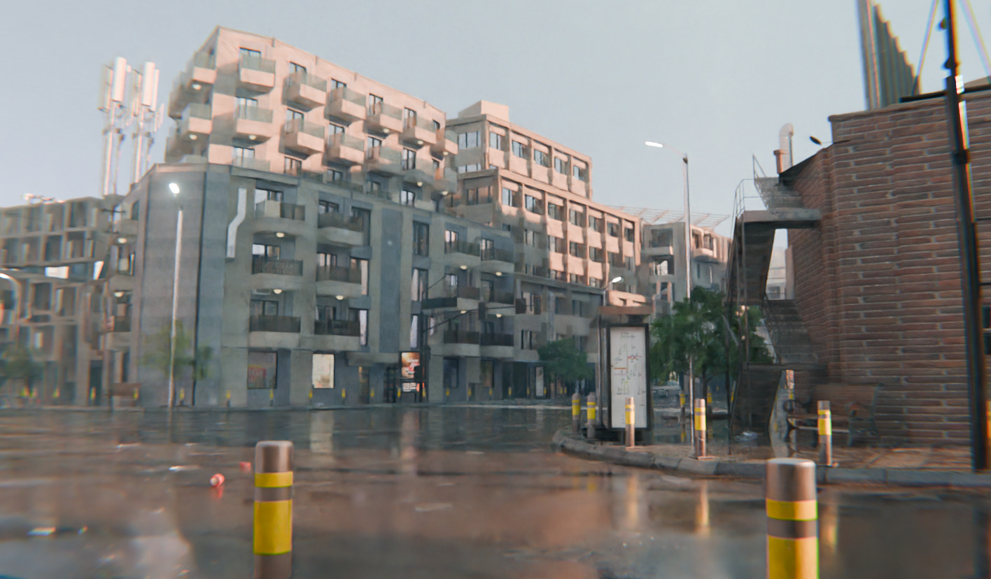 Modern Urban City - Morning wet street scene 3D model_16