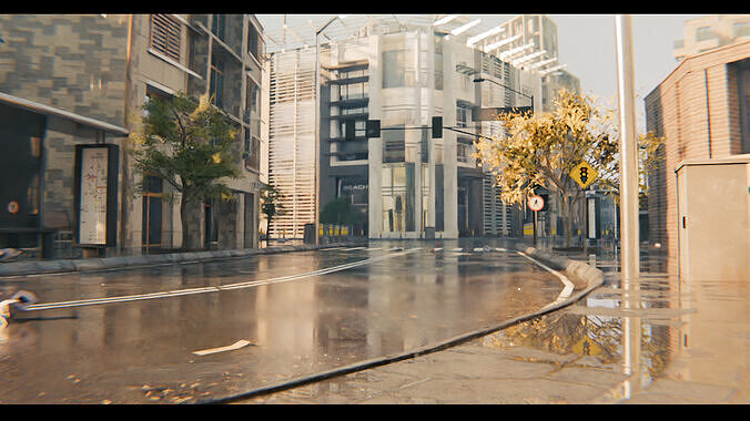 Modern Urban City - Morning wet street scene 3D model 3
