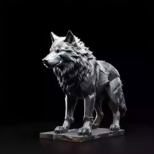 Stylized Metallic Wolf Statue Model