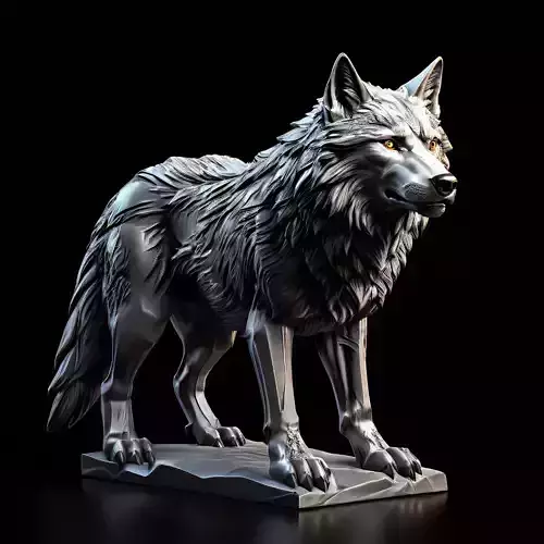 Realistic Silver Wolf Statue 3D Model