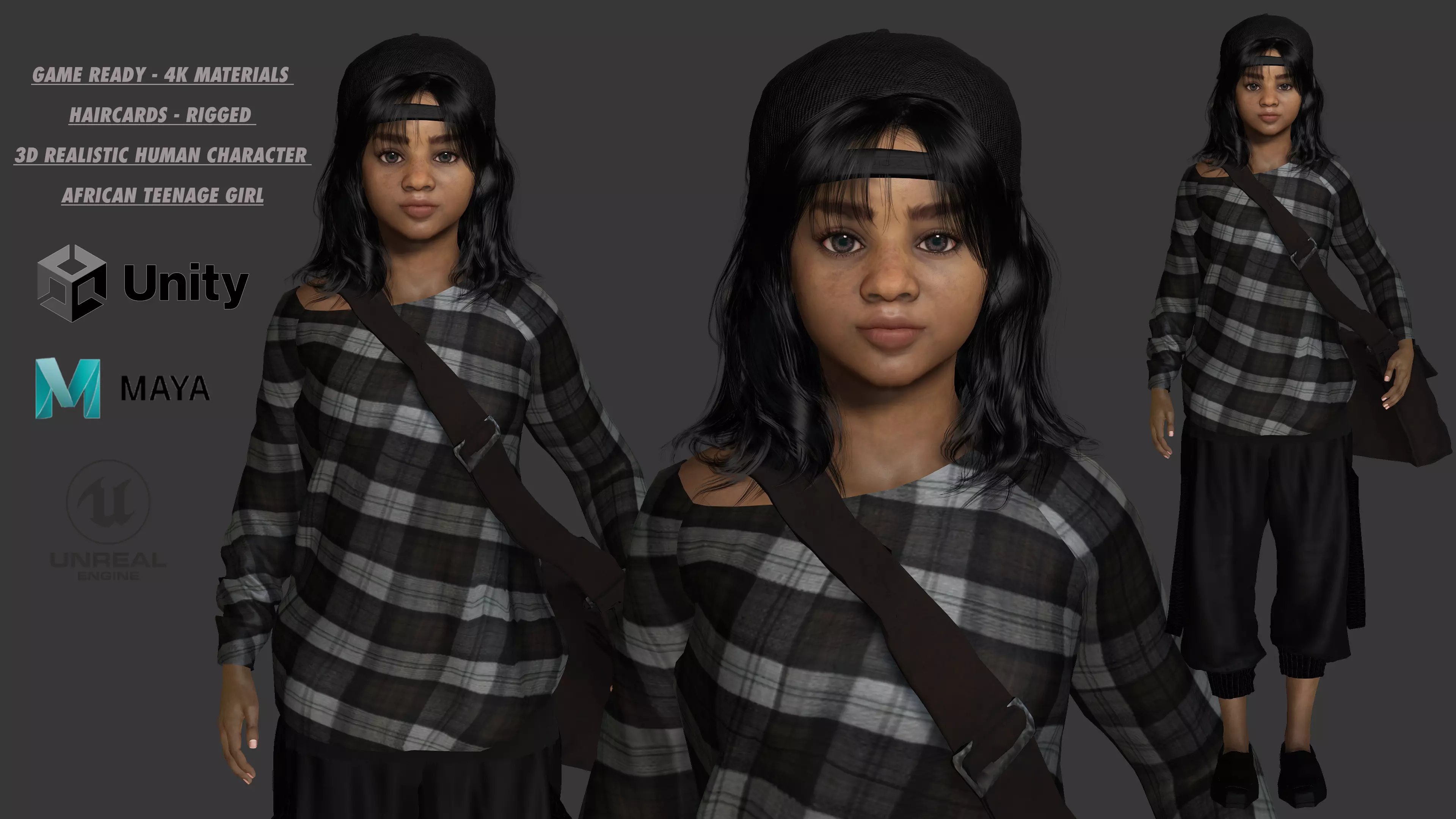 AAA 3D REALISTIC HUMAN CHARACTER - AFRICAN TEENAGE GIRL Low-poly 3D model_0