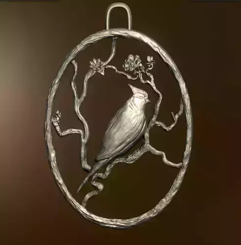 Blue Jay Bird High Detailed Branches and Flowers Necklace 