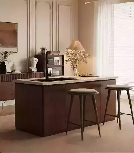 A kitchen with a mid-century modern style island counter 3D model