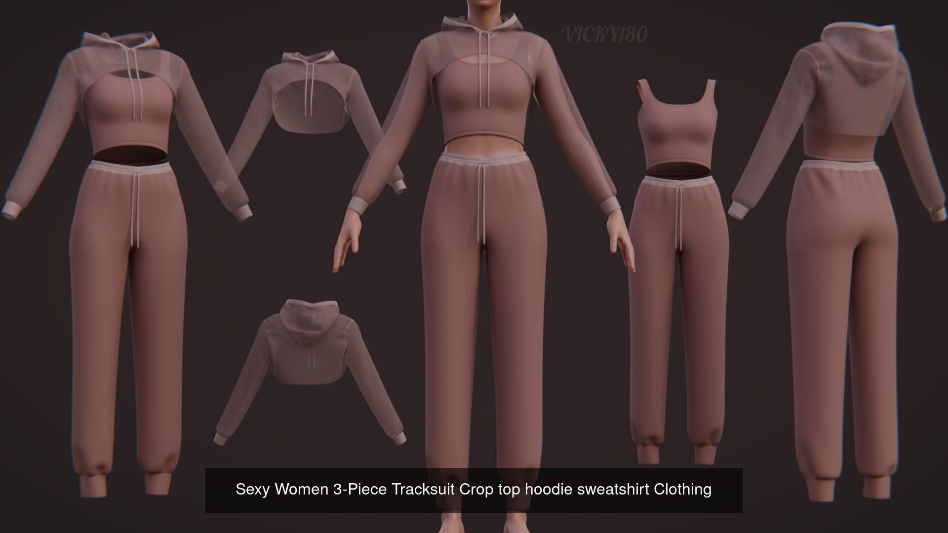 Stylish Women Clothing set- Crop Hoodie Tracksuit Fitness Outfit 3D Model Collection_6