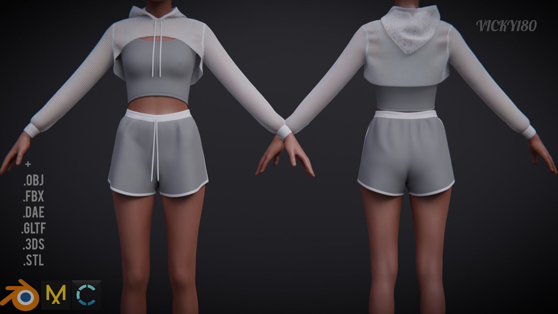 Stylish Women Clothing set- Crop Hoodie Tracksuit Fitness Outfit 3D Model Collection_9