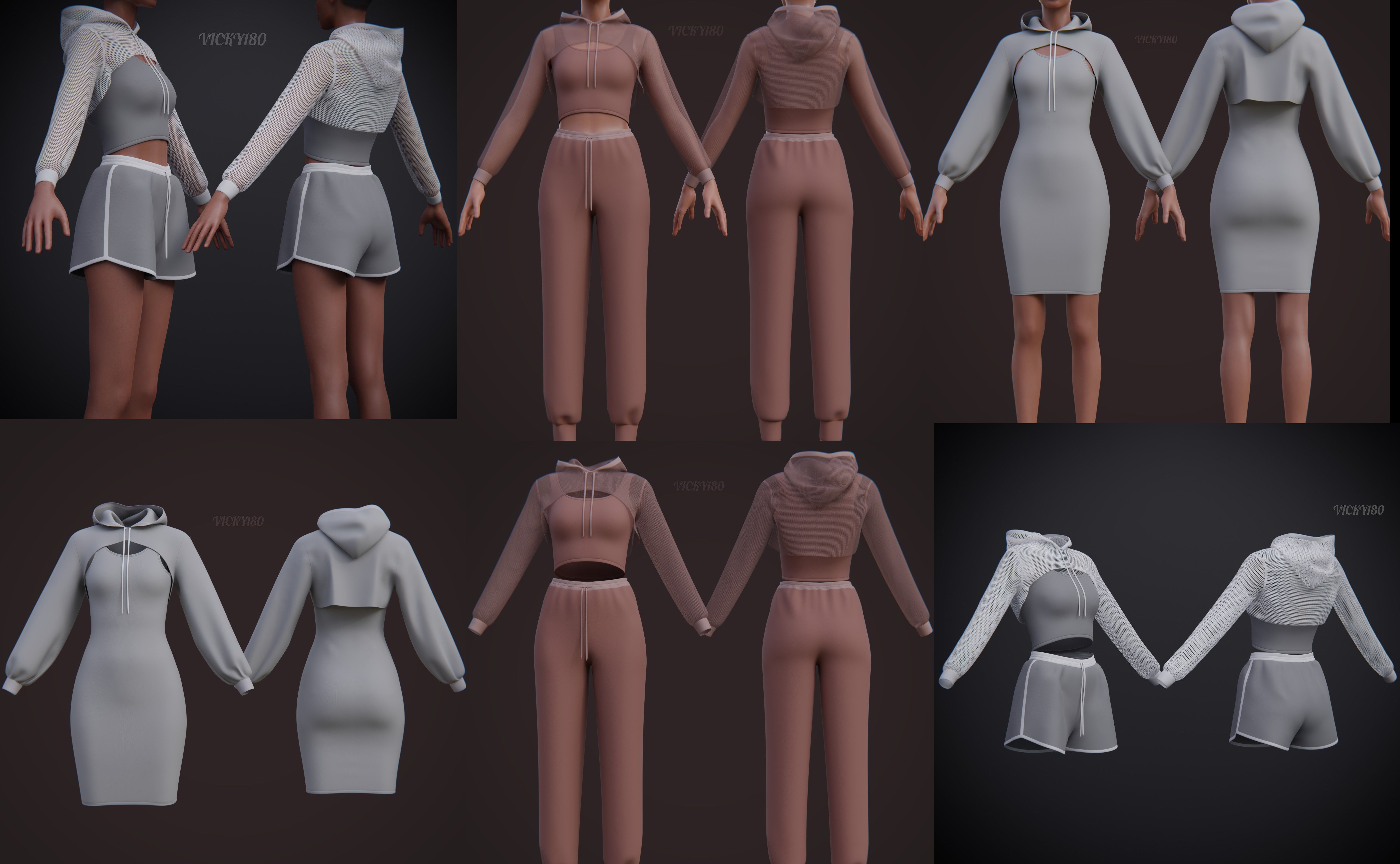 Stylish Women Clothing set- Crop Hoodie Tracksuit Fitness Outfit 3D Model Collection_7