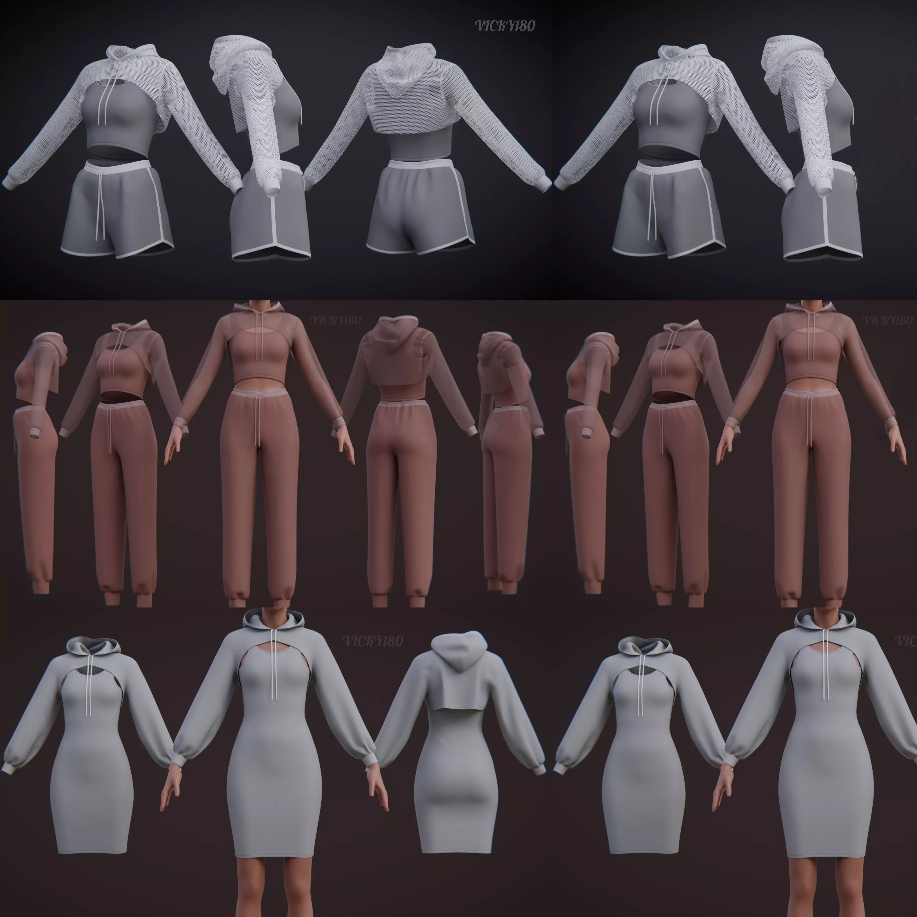 Stylish Women Clothing set- Crop Hoodie Tracksuit Fitness Outfit 3D Model Collection_0