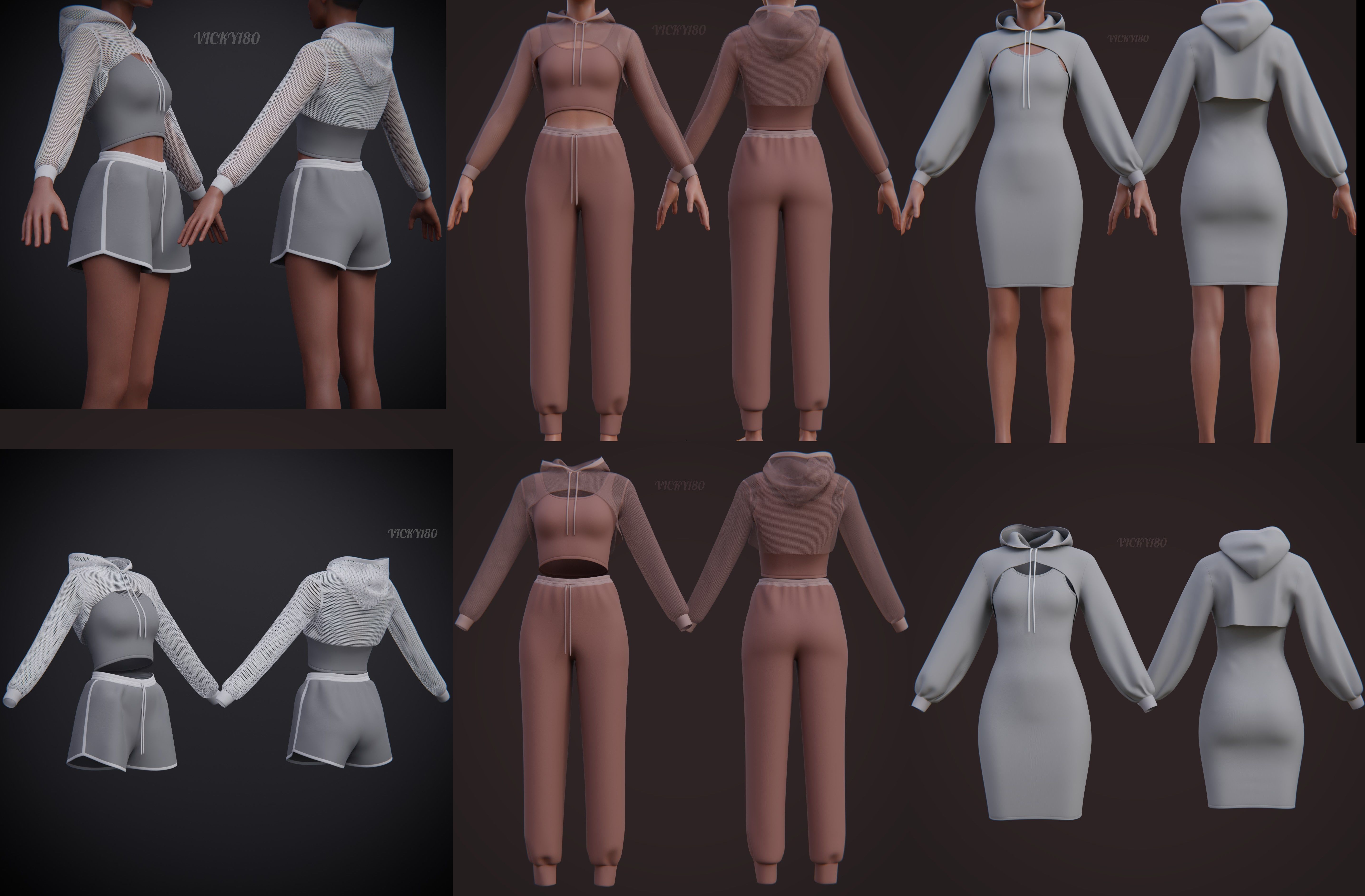 Stylish Women Clothing set- Crop Hoodie Tracksuit Fitness Outfit 3D Model Collection_2