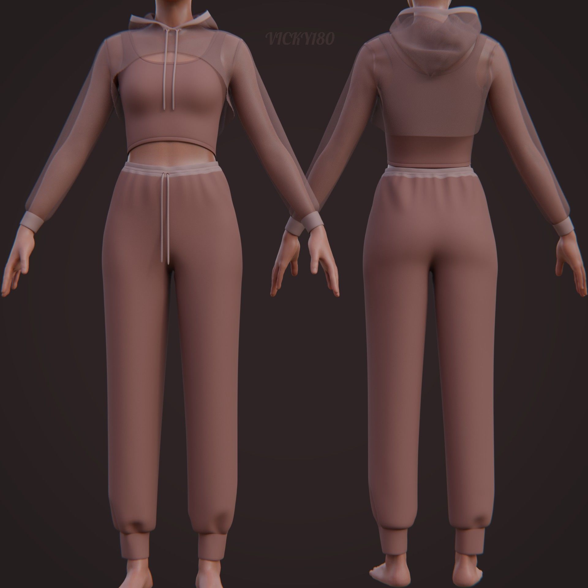 Stylish Women Clothing set- Crop Hoodie Tracksuit Fitness Outfit 3D Model Collection_18