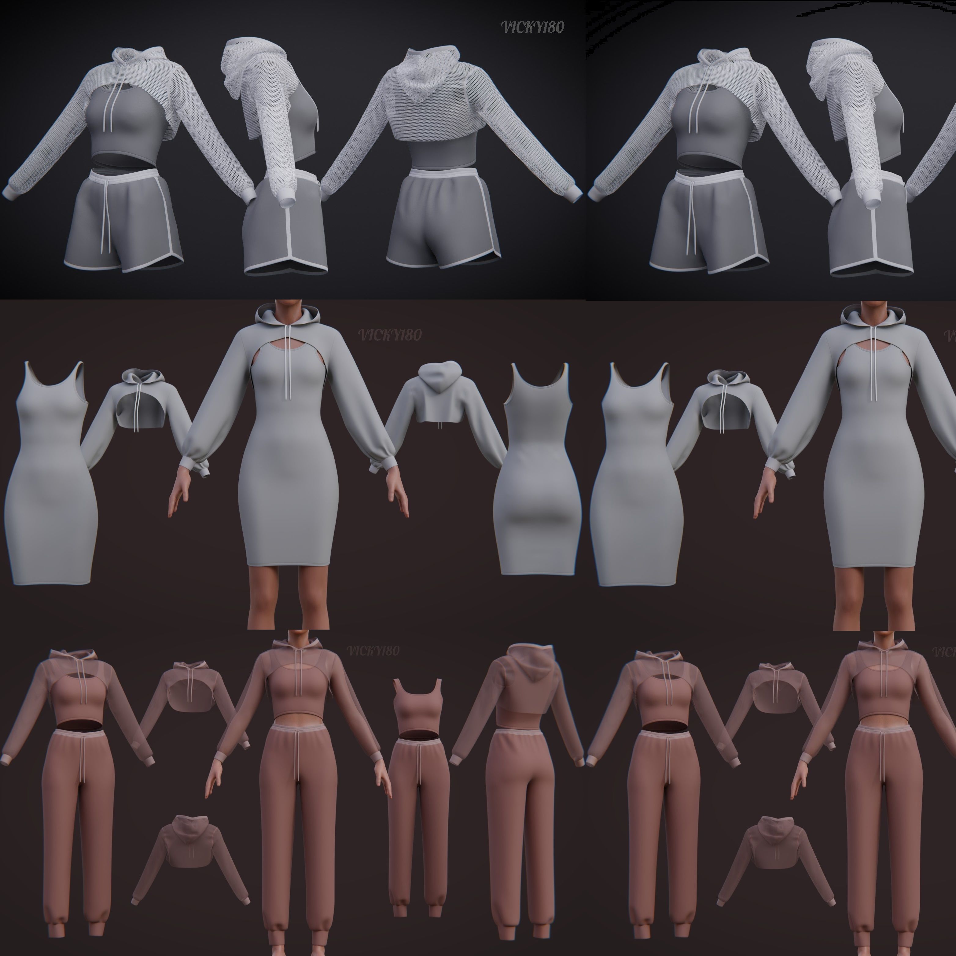 Stylish Women Clothing set- Crop Hoodie Tracksuit Fitness Outfit 3D Model Collection_27