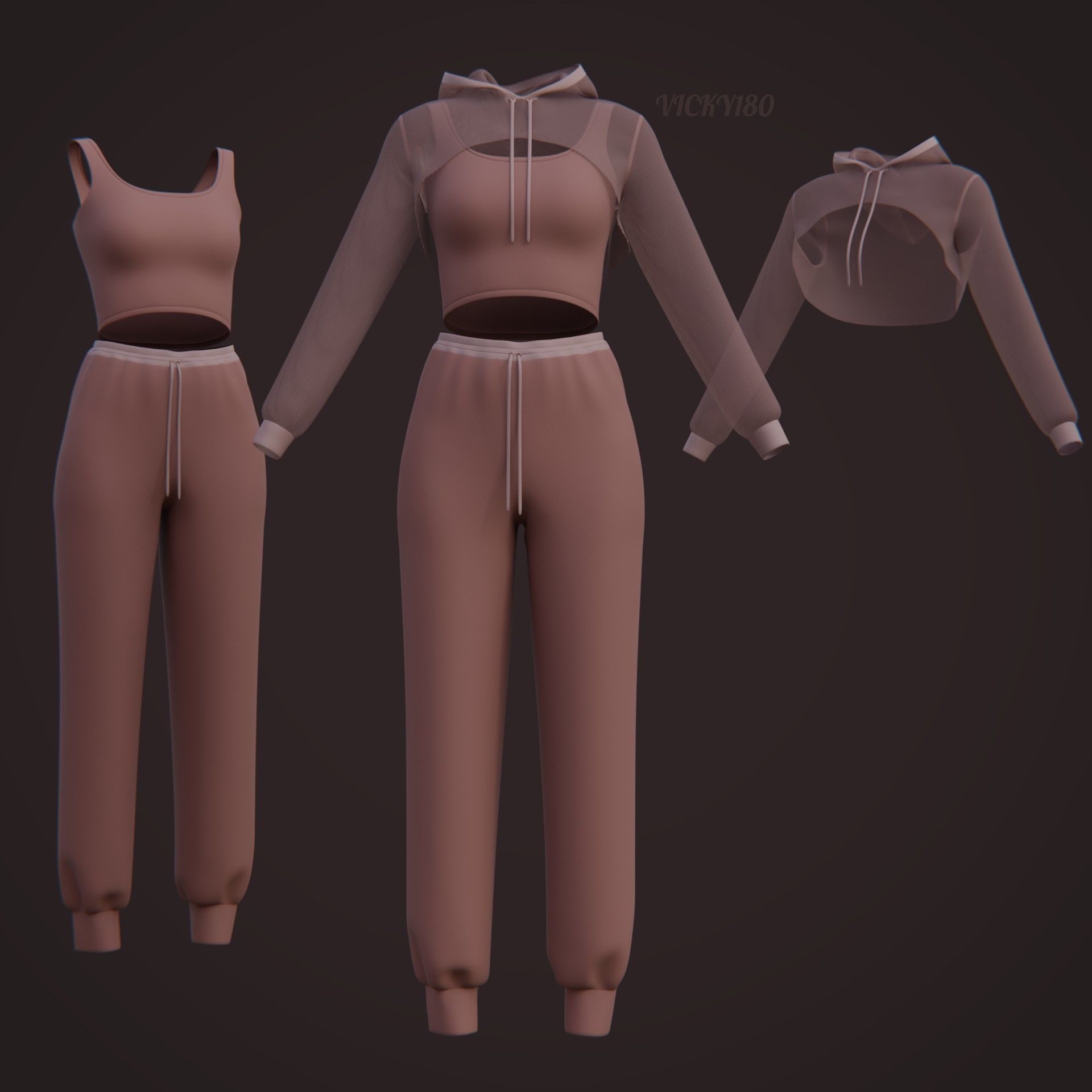 Stylish Women Clothing set- Crop Hoodie Tracksuit Fitness Outfit 3D Model Collection_19