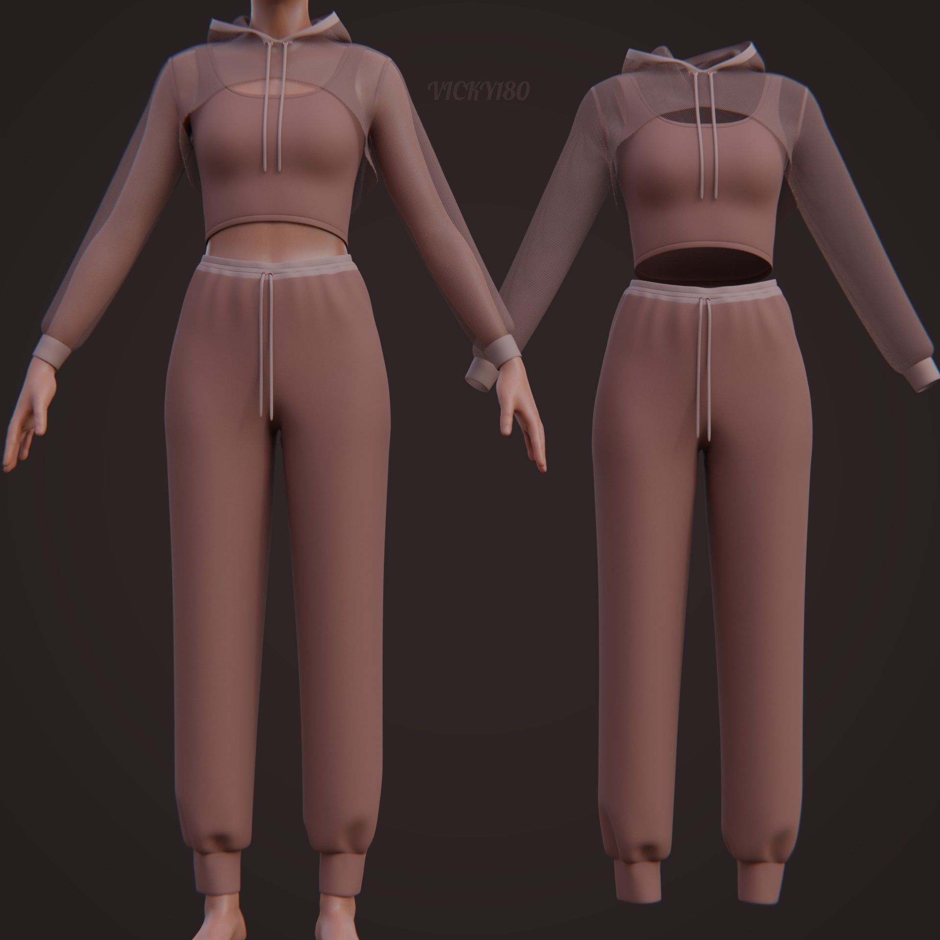 Stylish Women Clothing set- Crop Hoodie Tracksuit Fitness Outfit 3D Model Collection_20