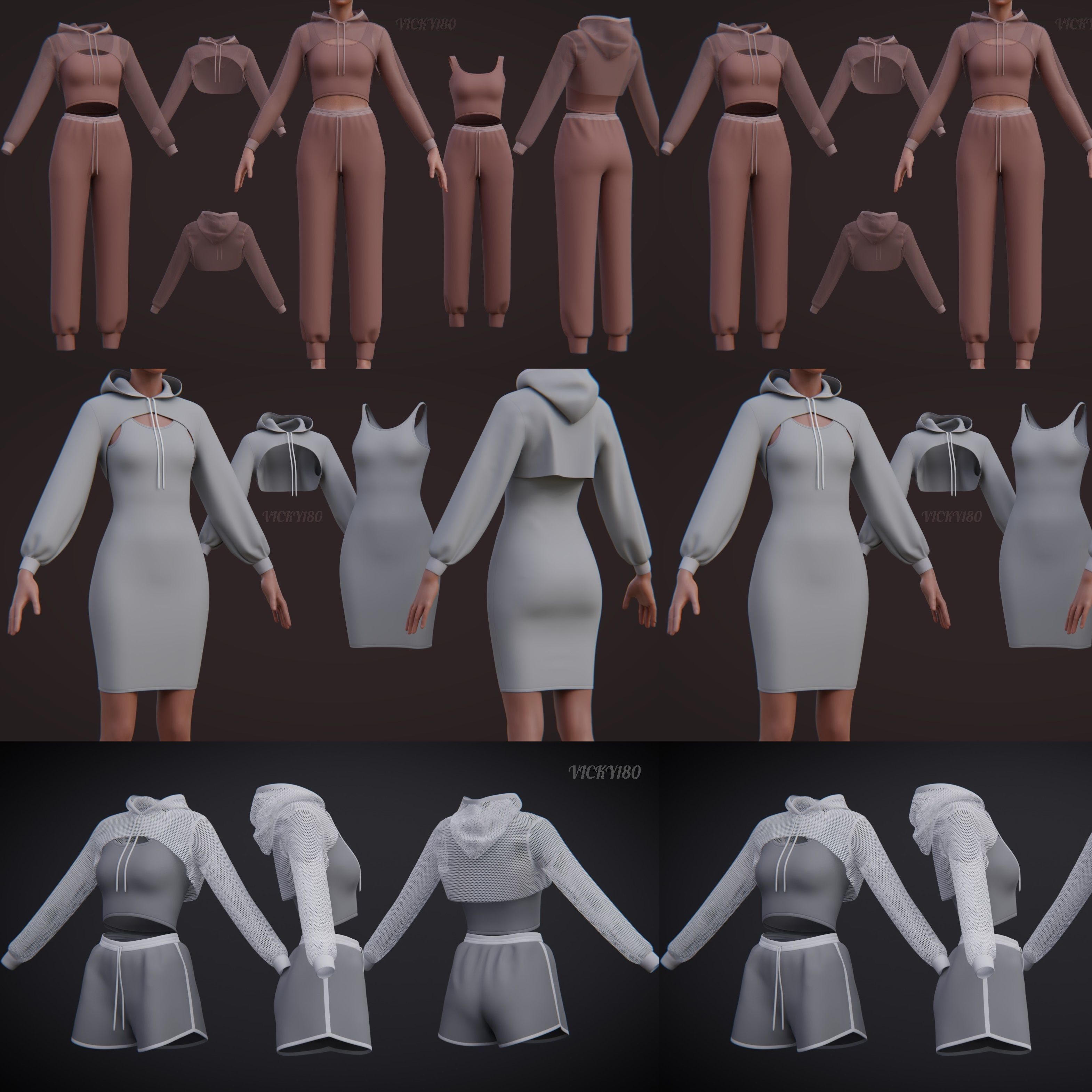 Stylish Women Clothing set- Crop Hoodie Tracksuit Fitness Outfit 3D Model Collection_3