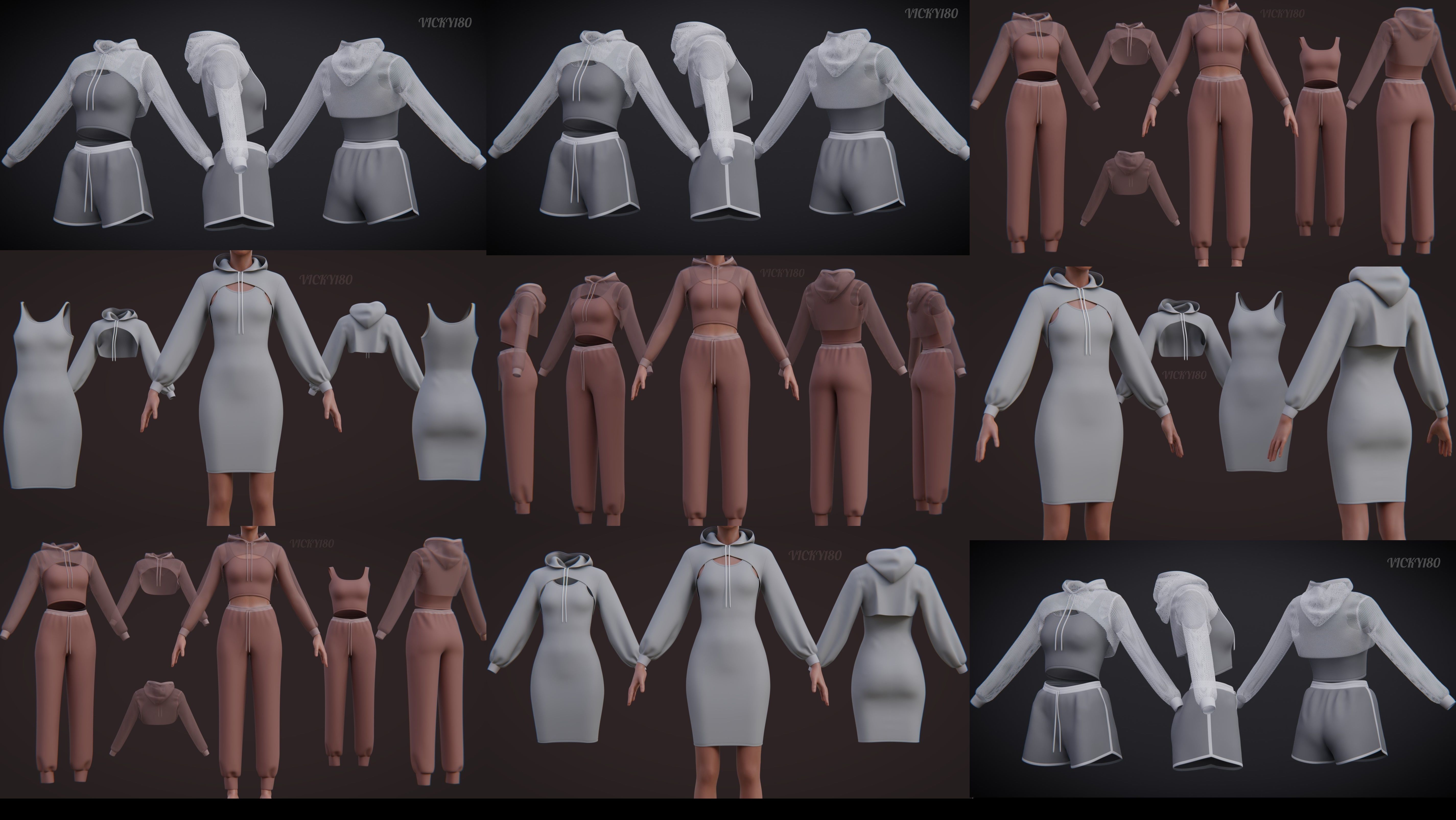 Stylish Women Clothing set- Crop Hoodie Tracksuit Fitness Outfit 3D Model Collection_1