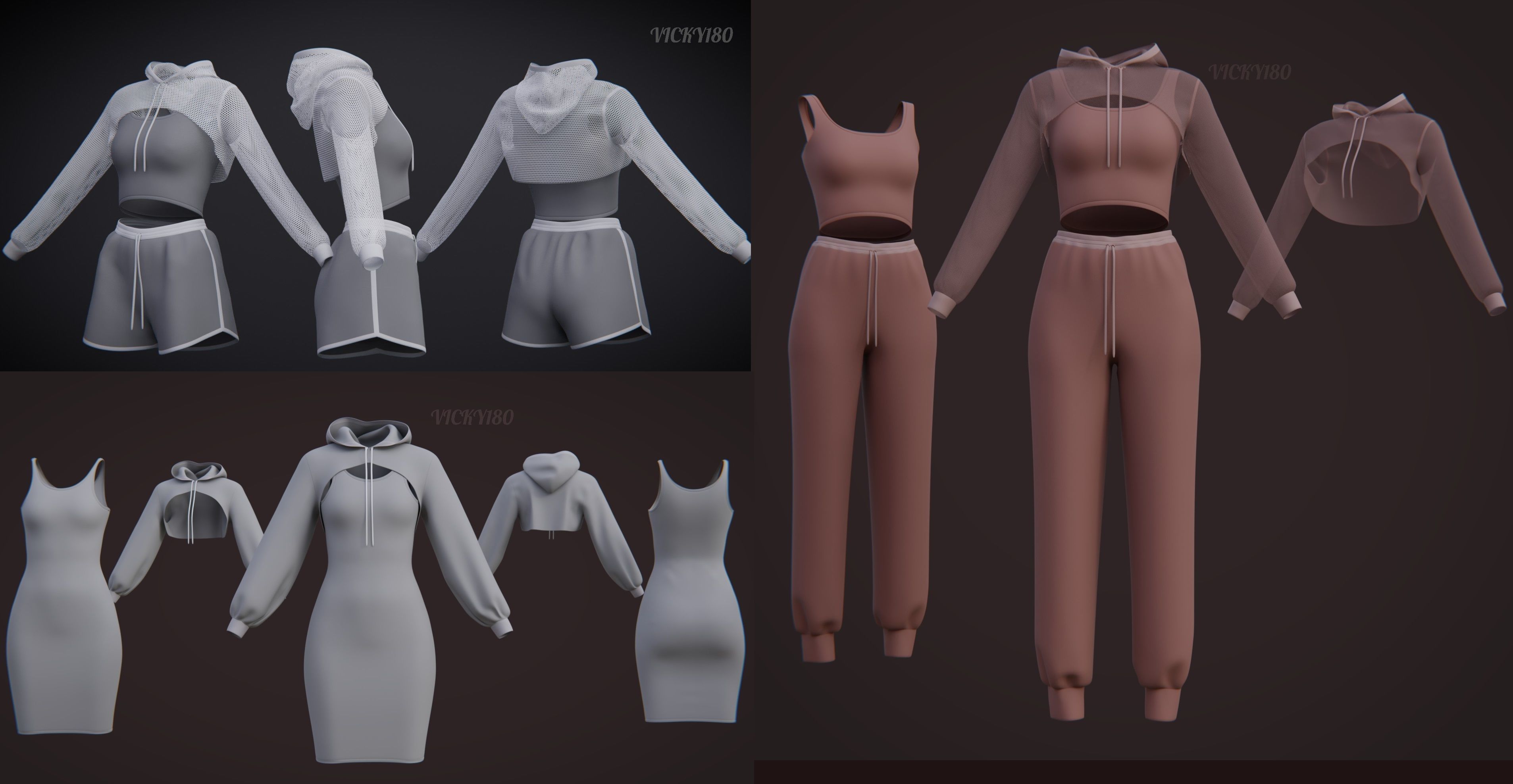 Stylish Women Clothing set- Crop Hoodie Tracksuit Fitness Outfit 3D Model Collection_8