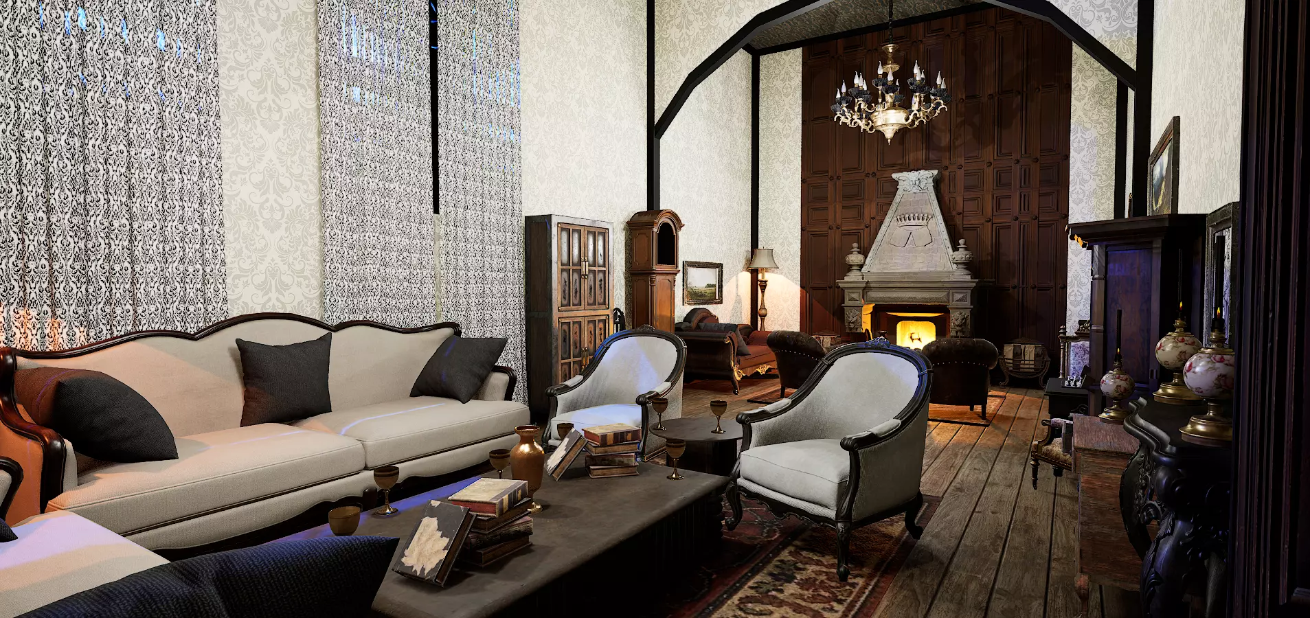 Gothic Victorian Grand Parlour Ornate Living Room 3D model_0