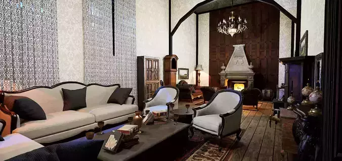Gothic Victorian Grand Parlour Ornate Living Room 3D model