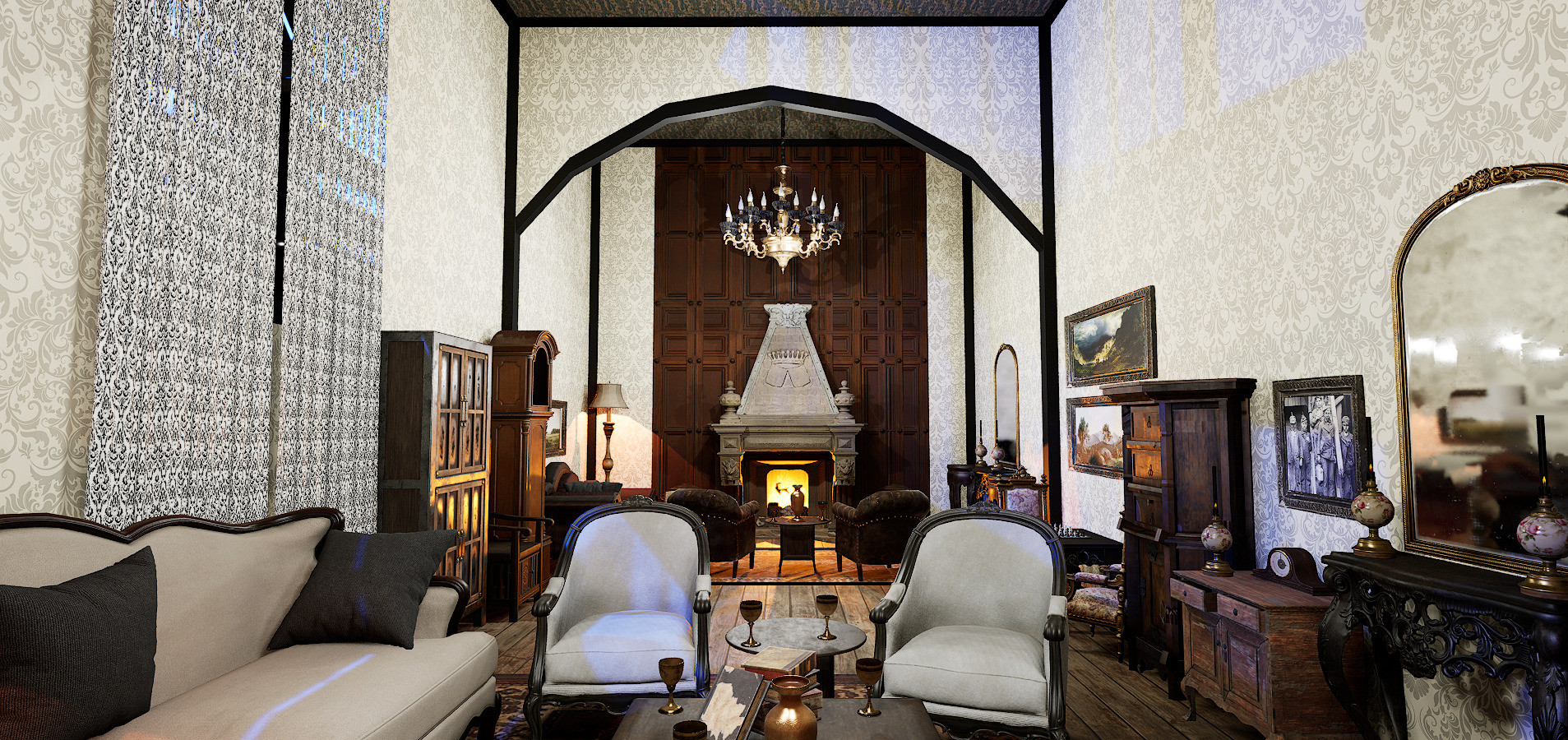 Gothic Victorian Grand Parlour Ornate Living Room 3D model_2