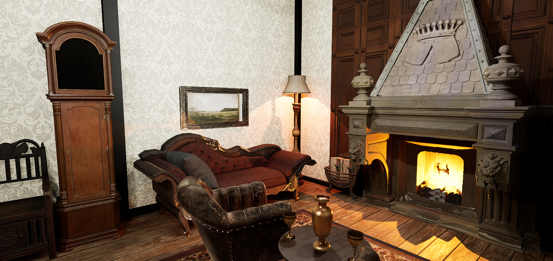 Gothic Victorian Grand Parlour Ornate Living Room 3D model_12