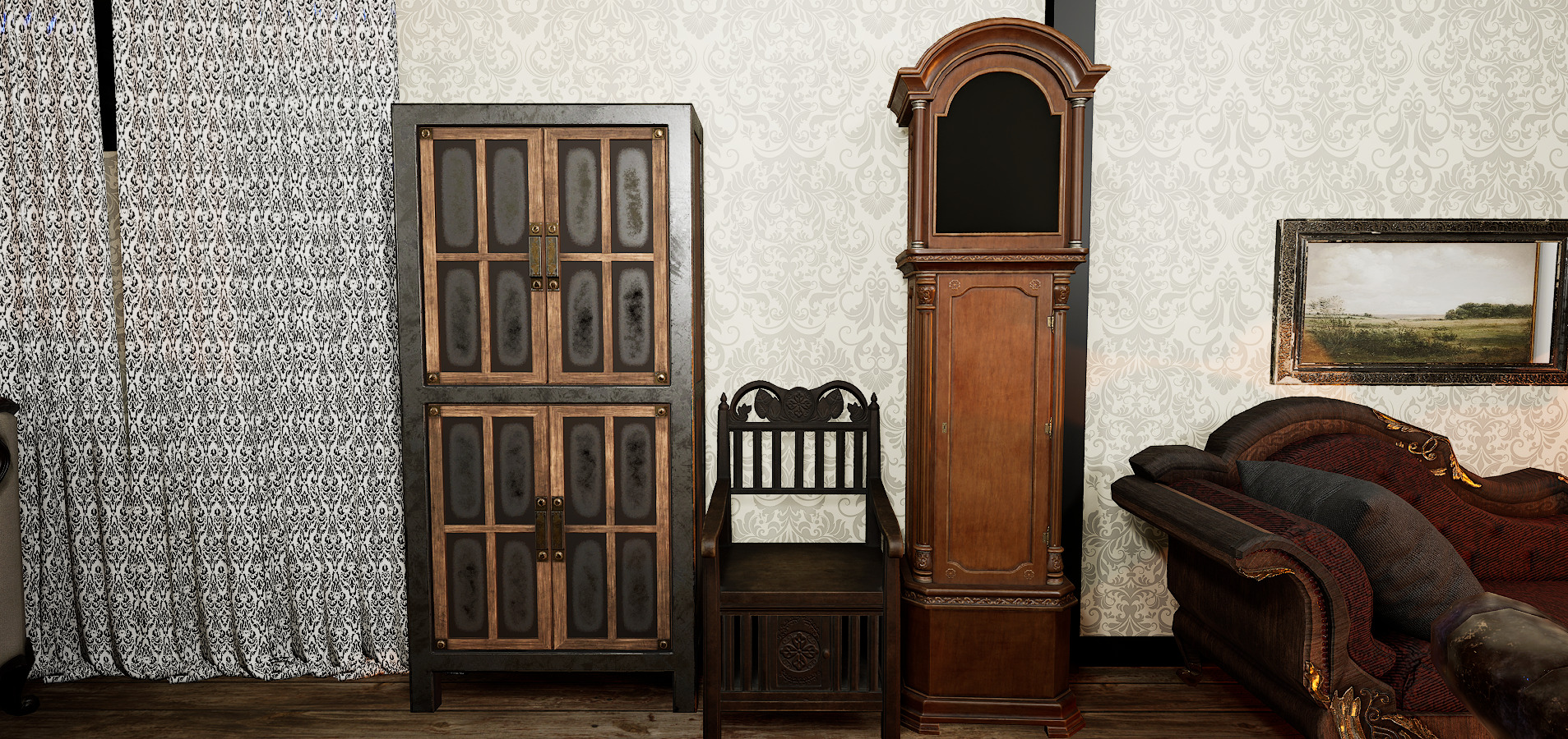 Gothic Victorian Grand Parlour Ornate Living Room 3D model_9