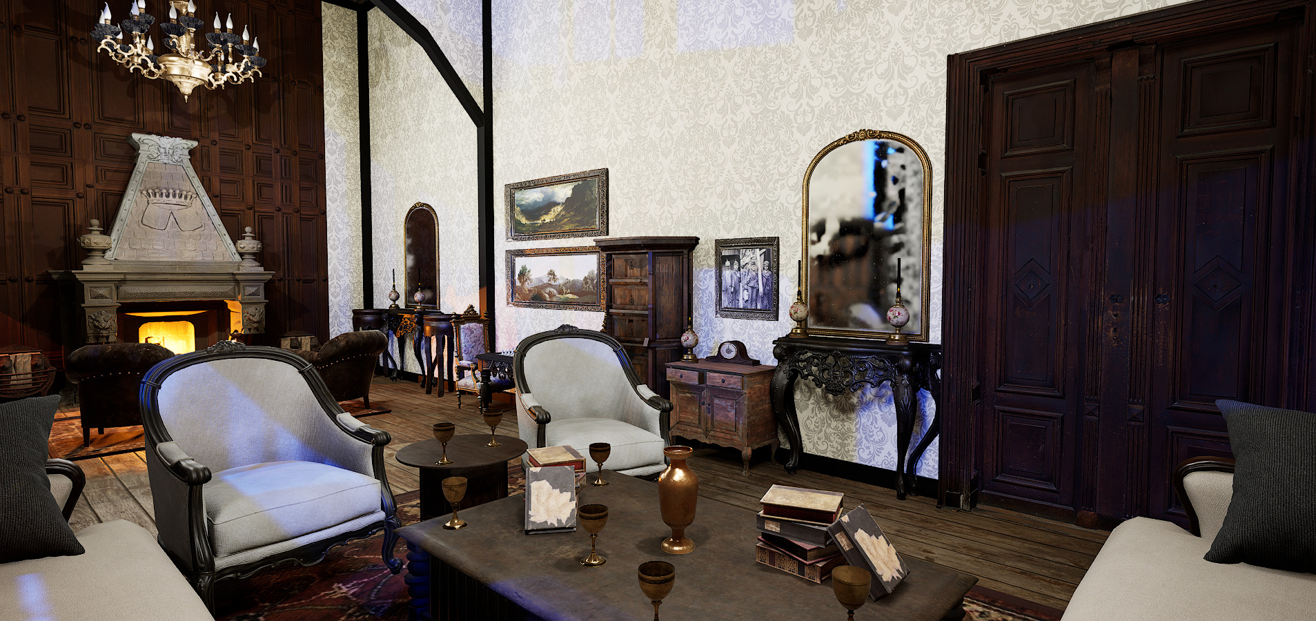 Gothic Victorian Grand Parlour Ornate Living Room 3D model_3