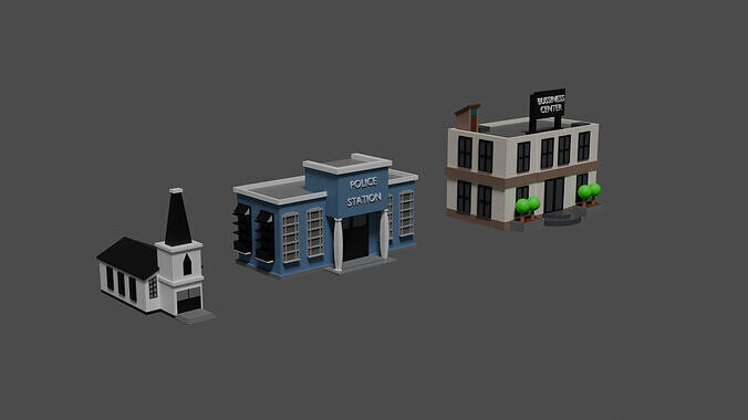 three houses in a blender 3D model