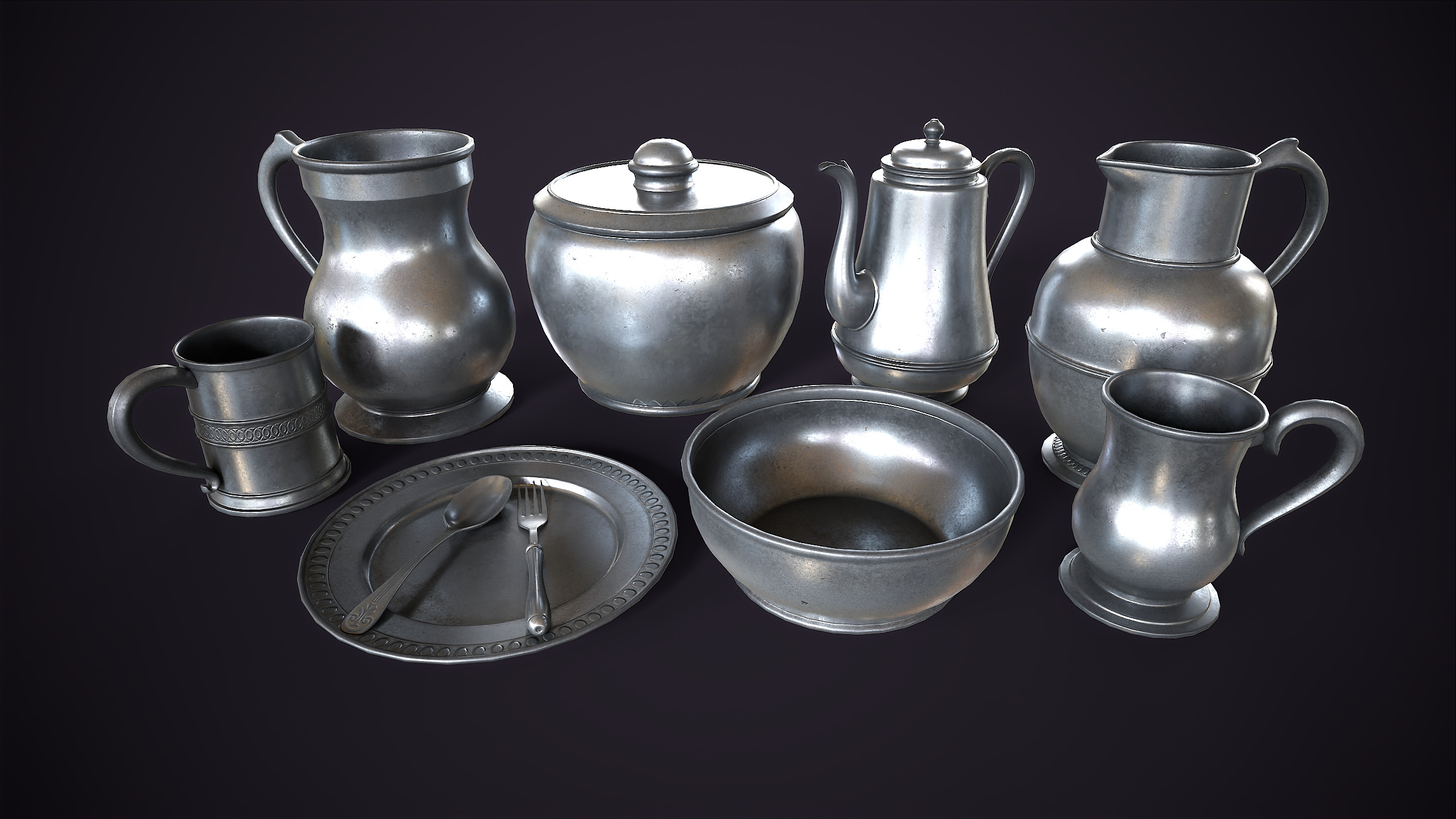 Pewter tableware Low-poly 3D model_6