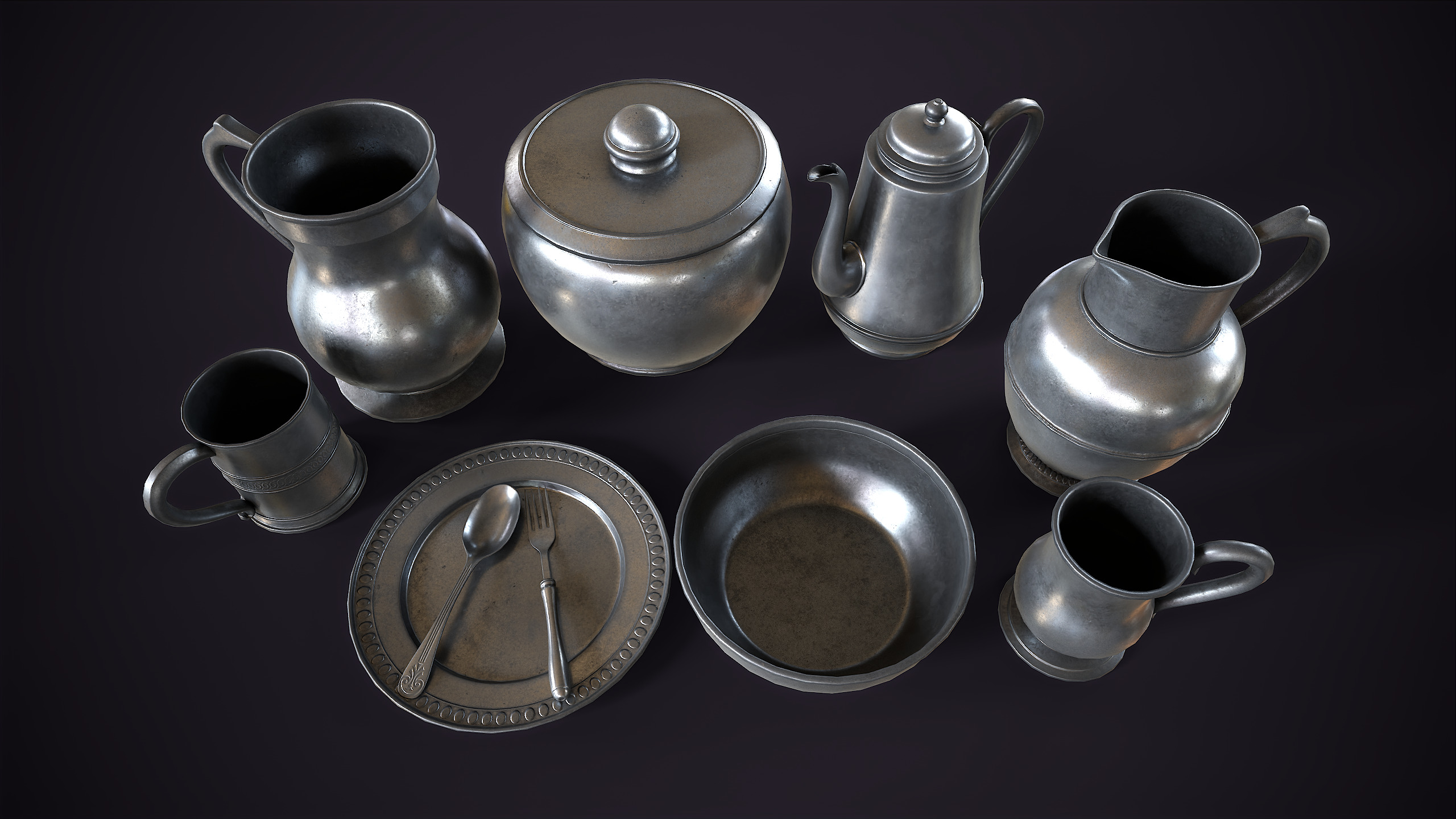 Pewter tableware Low-poly 3D model_7