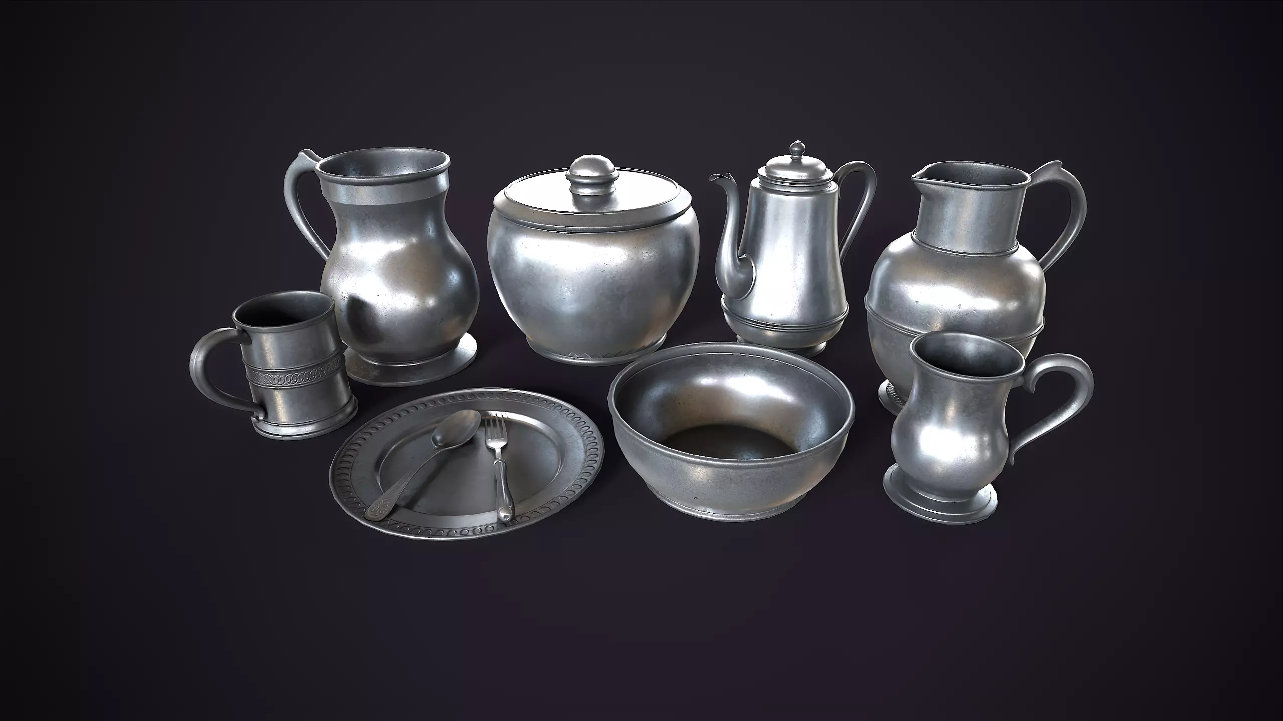 Pewter tableware Low-poly 3D model_0