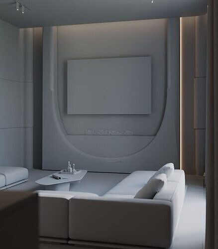 modern living room -Minimalist Lounge with Sculpted Fireplace 3D model 2