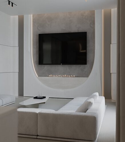 modern living room -Minimalist Lounge with Sculpted Fireplace 3D model 5