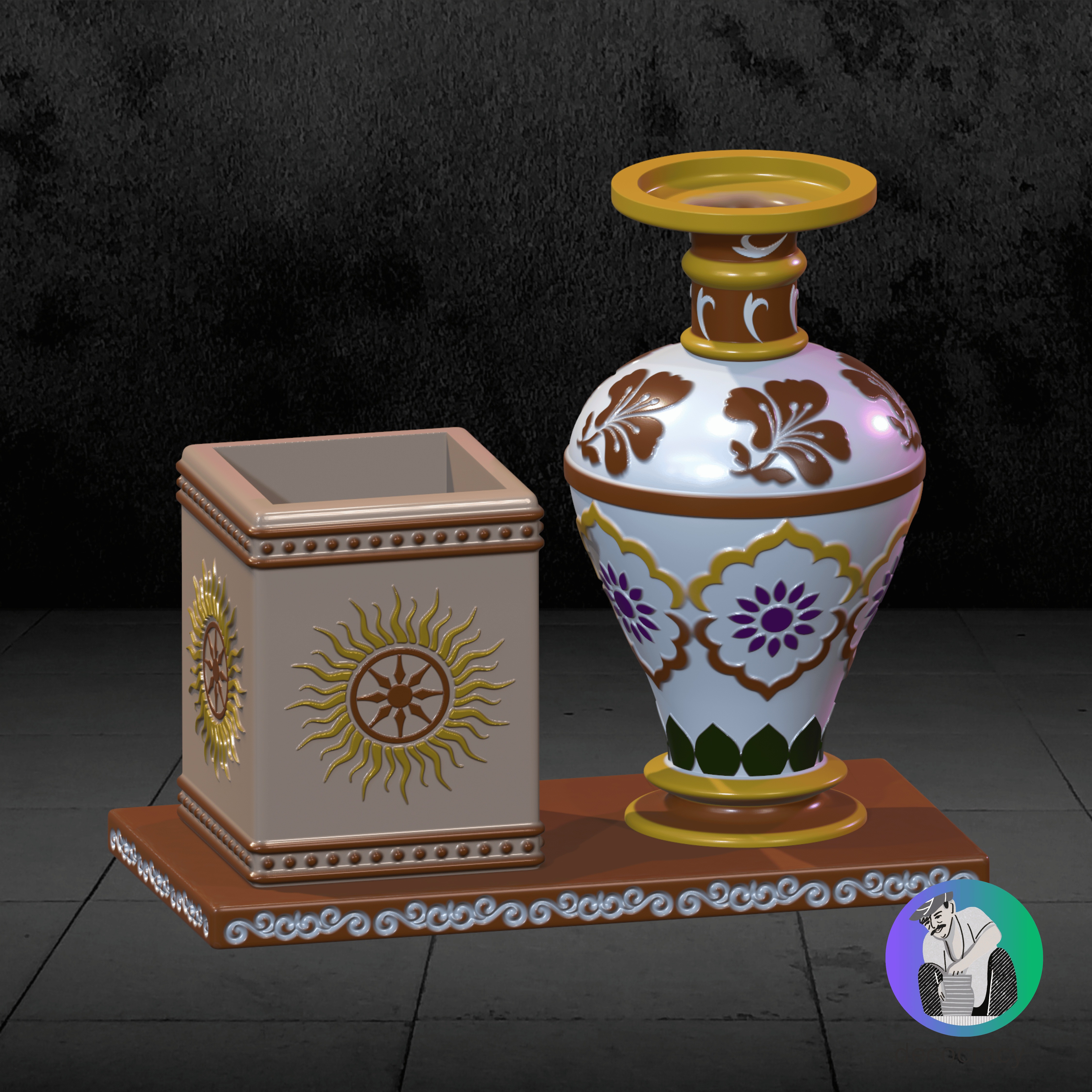 Kalchakra Pen Stand with Ethnic Marble Intricate Vase Combo  3D print model_1