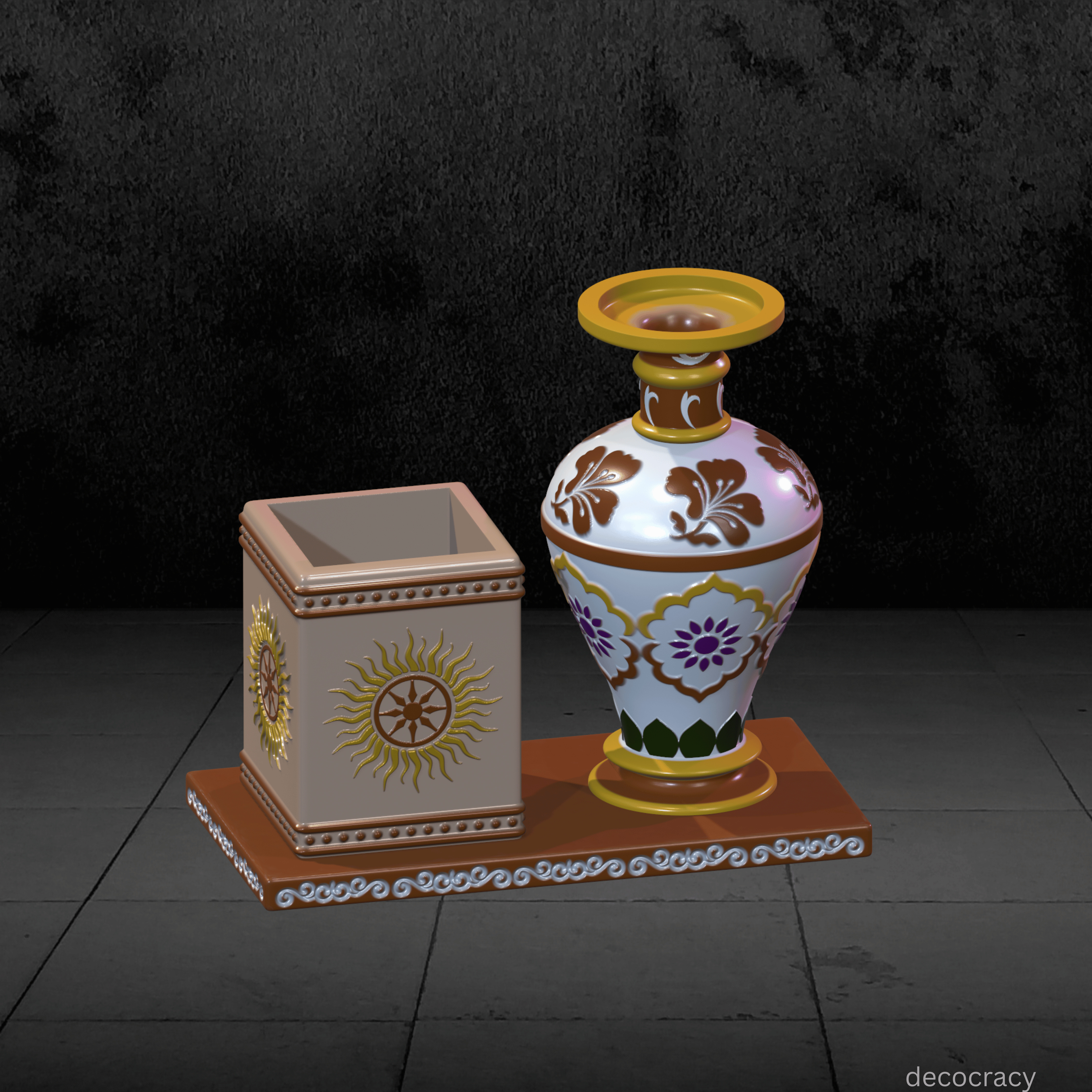 Kalchakra Pen Stand with Ethnic Marble Intricate Vase Combo  3D print model_4