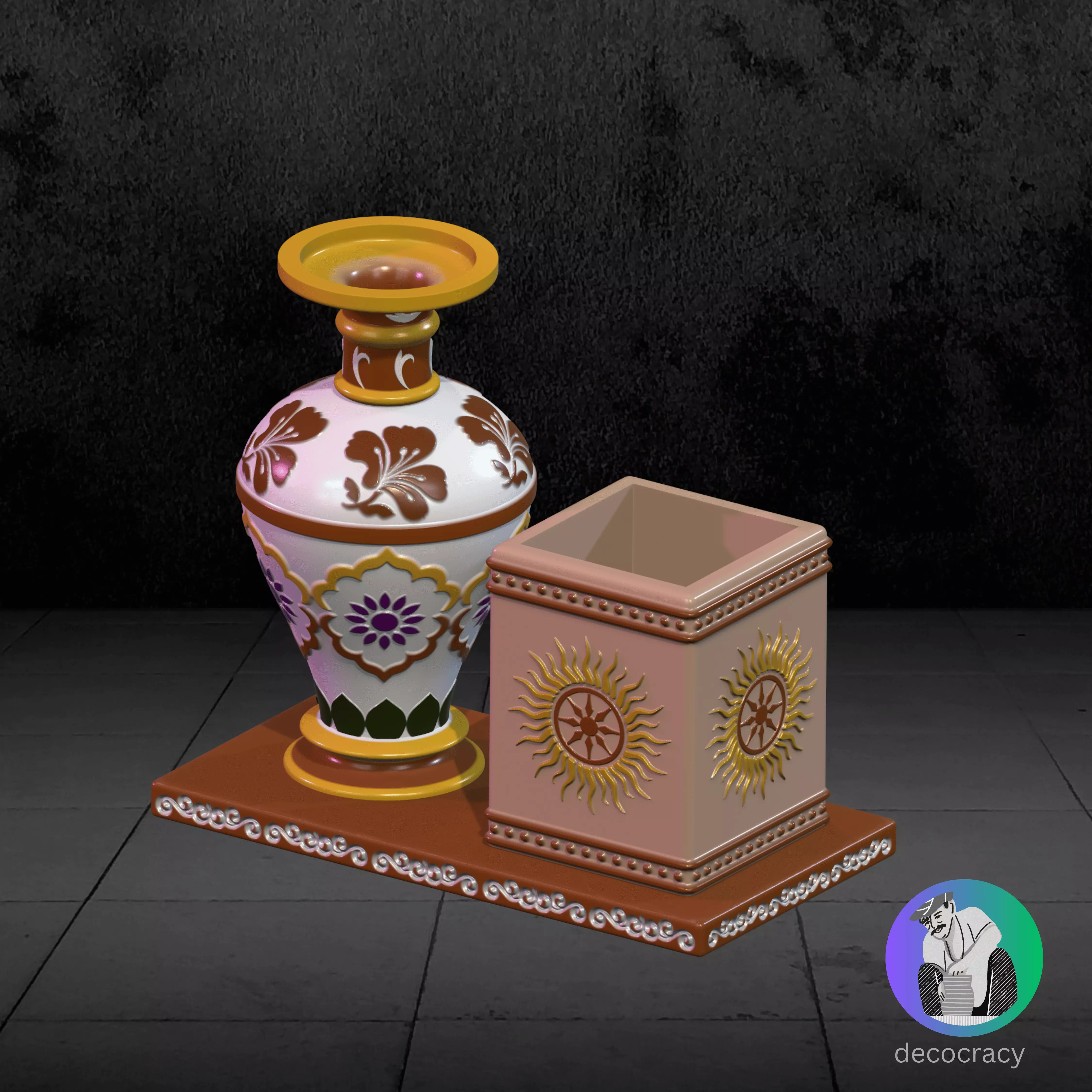 Kalchakra Pen Stand with Ethnic Marble Intricate Vase Combo  3D print model_0