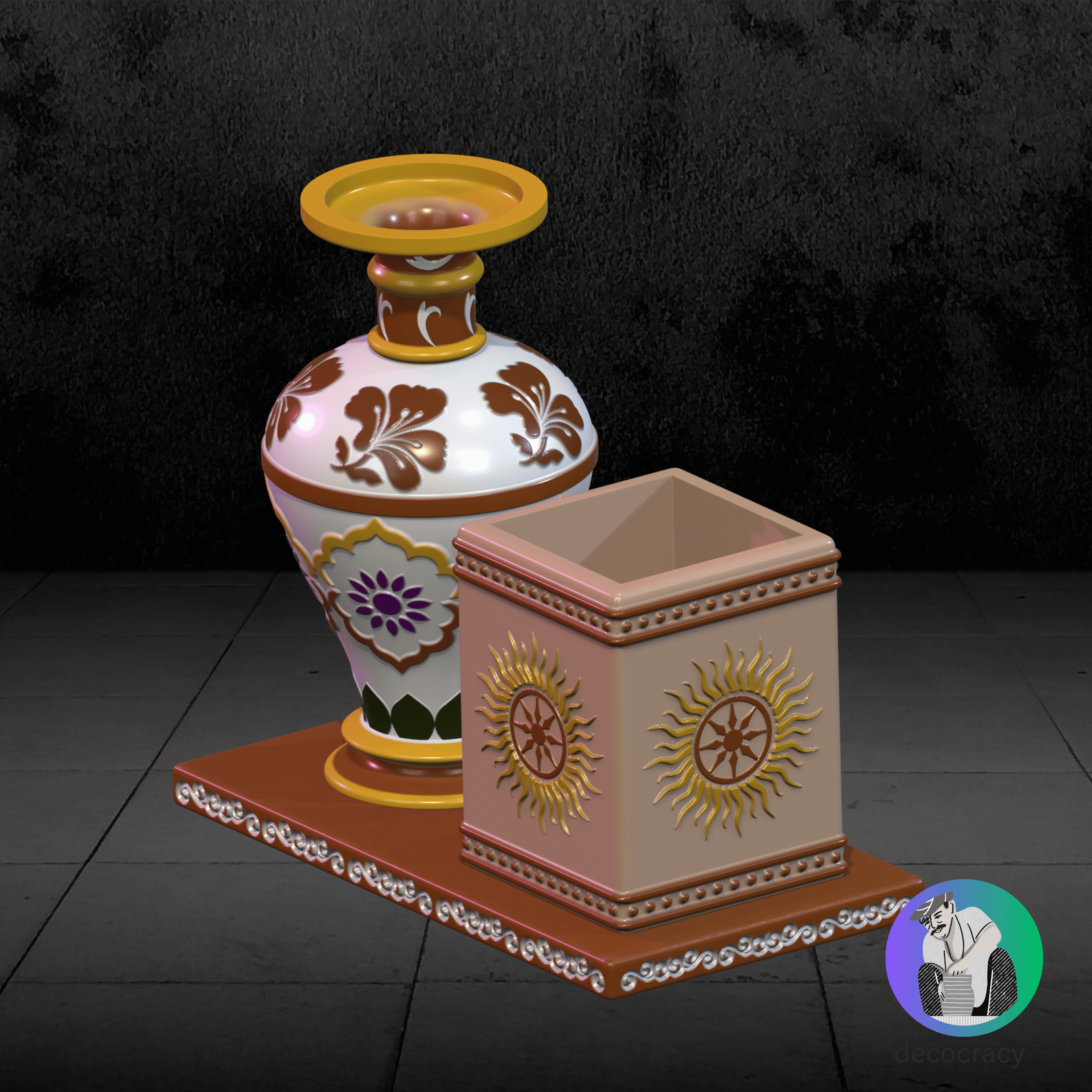 Kalchakra Pen Stand with Ethnic Marble Intricate Vase Combo  3D print model_2