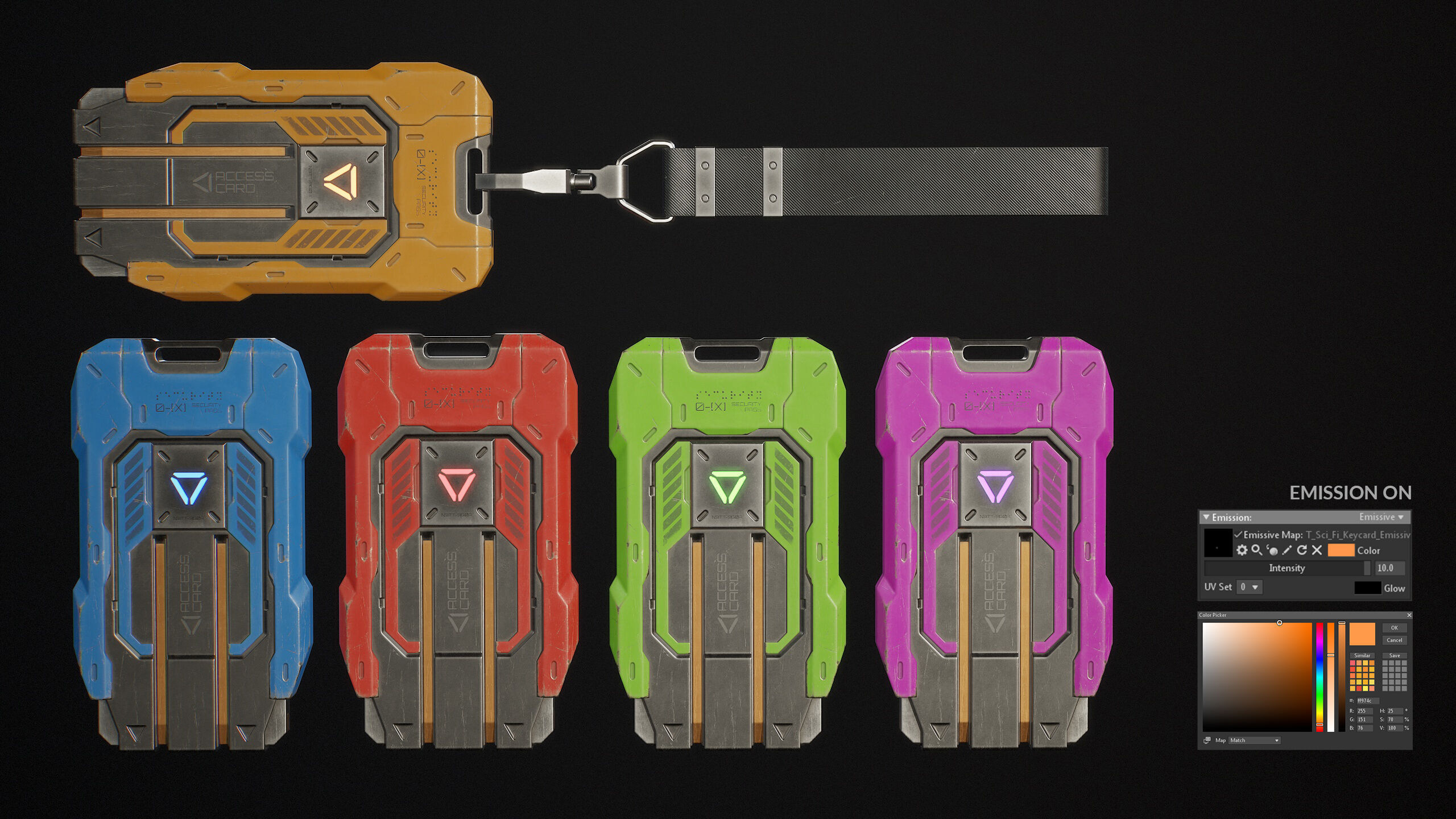 Sci-Fi Keycard 5 Color Options LODs Low-poly 3D model_10