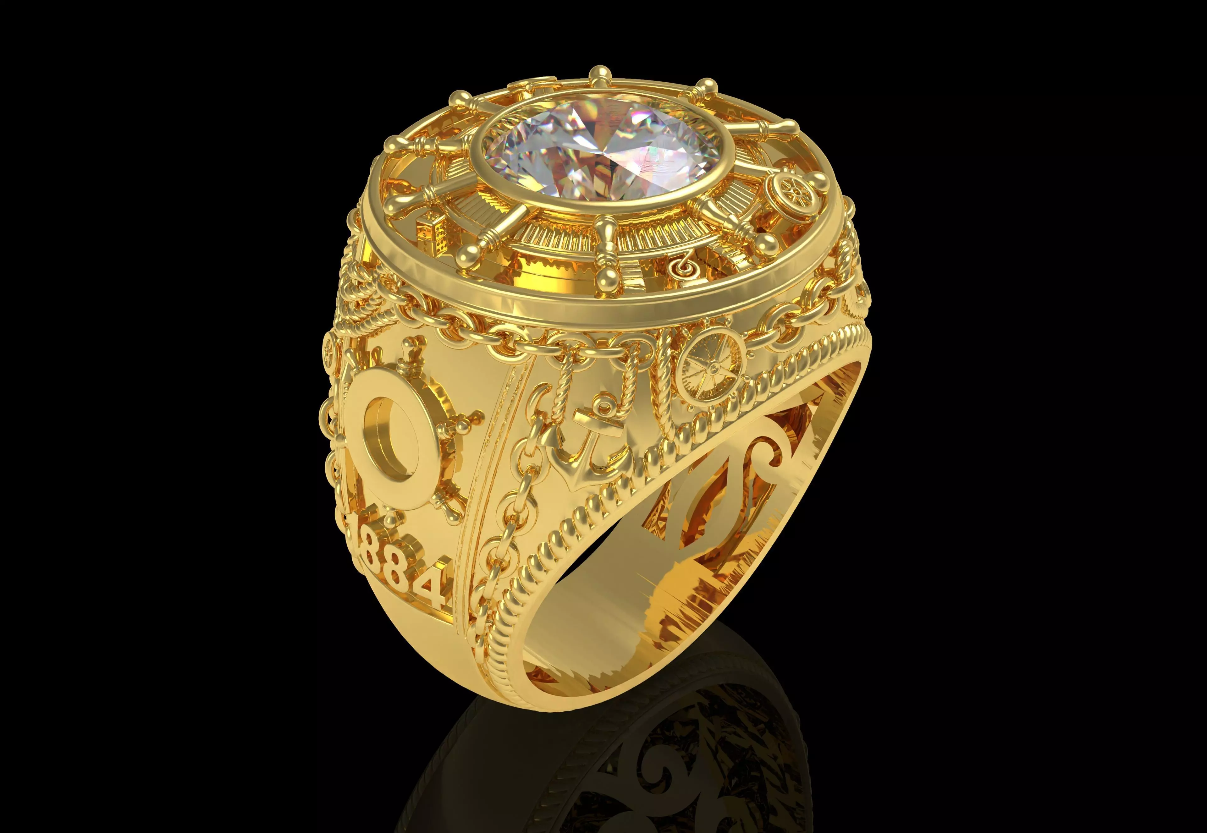 Huge Round Stone Compass Signet Ring 3D print model