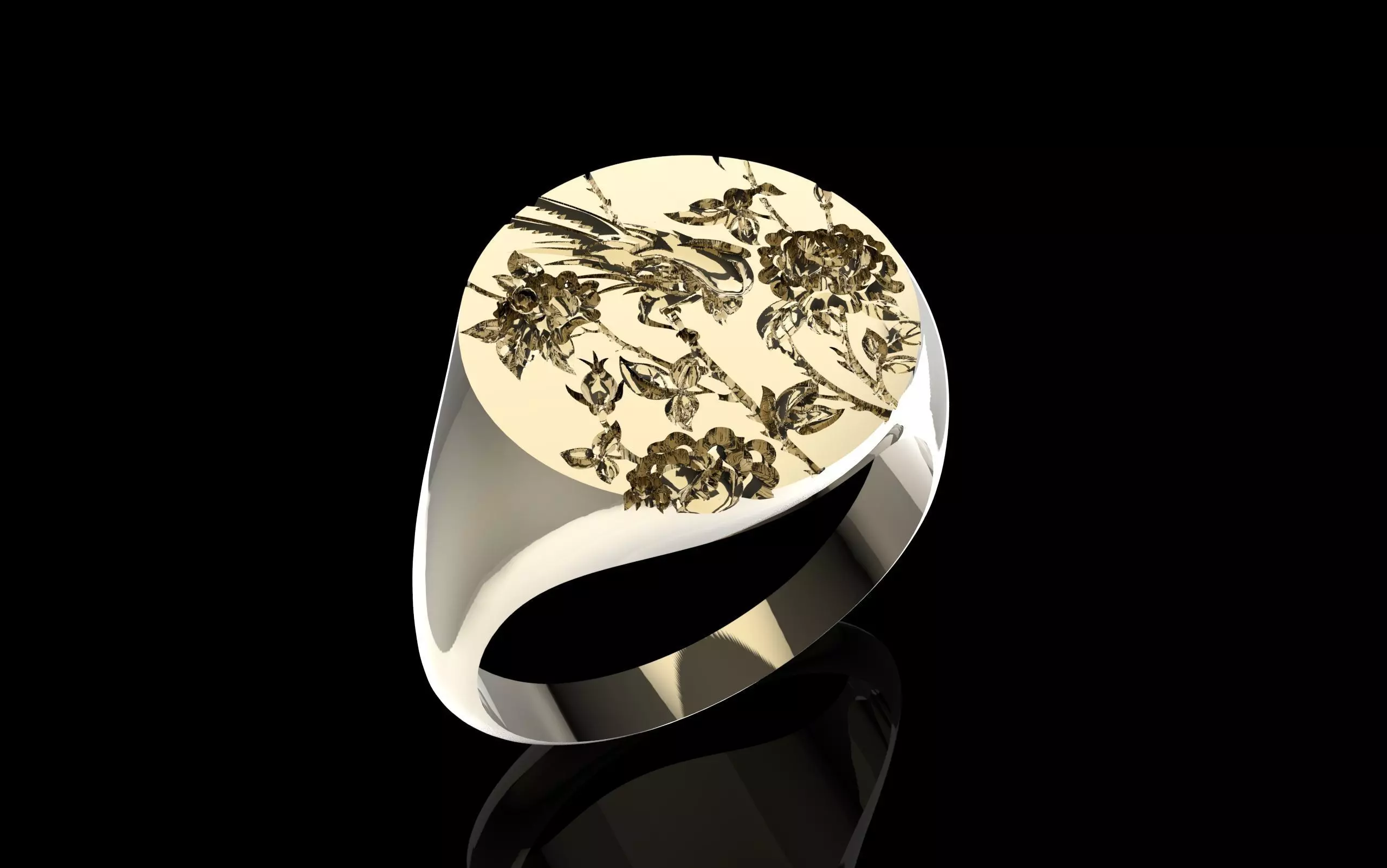 Signet Ring with engraved flower motif Free 3D print model