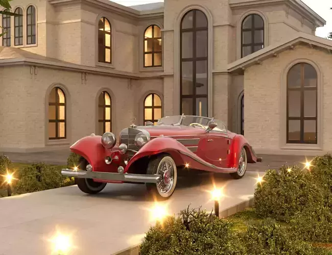 3d scene  luxury house with classic old car 3D model