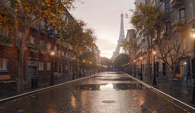Paris Street Scene - Urban Wet Environment Scene 3D model 2