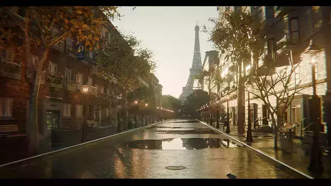 Paris Street Scene - Urban Wet Environment Scene 3D model