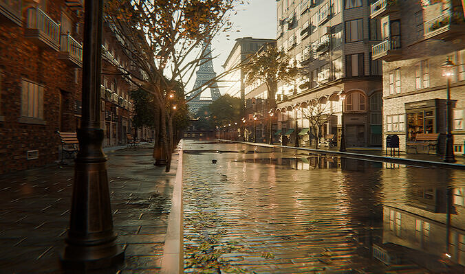 Paris Street Scene - Urban Wet Environment Scene 3D model 6