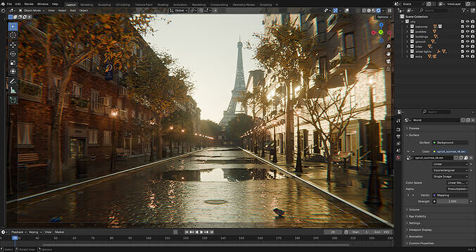 Paris Street Scene - Urban Wet Environment Scene 3D model 3