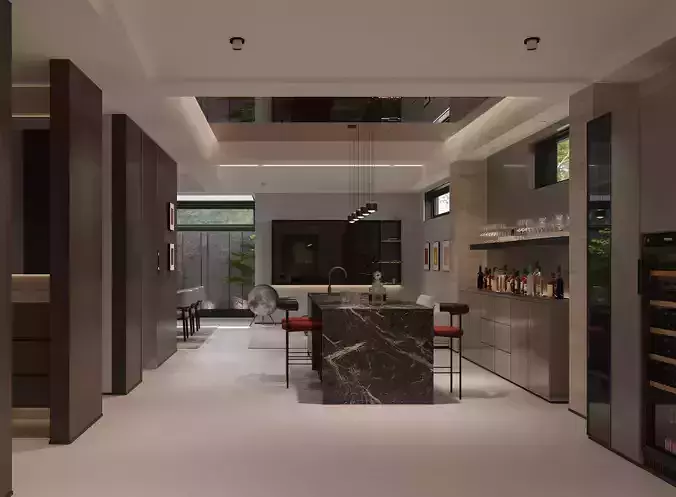 Modern Basement Interior with Tea RoomBarLounge TV Area 3D model