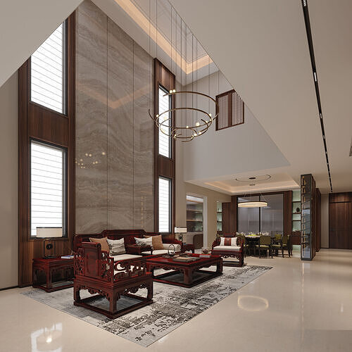 Modern Chinese Double Height Villa Living Room Interior 3D model