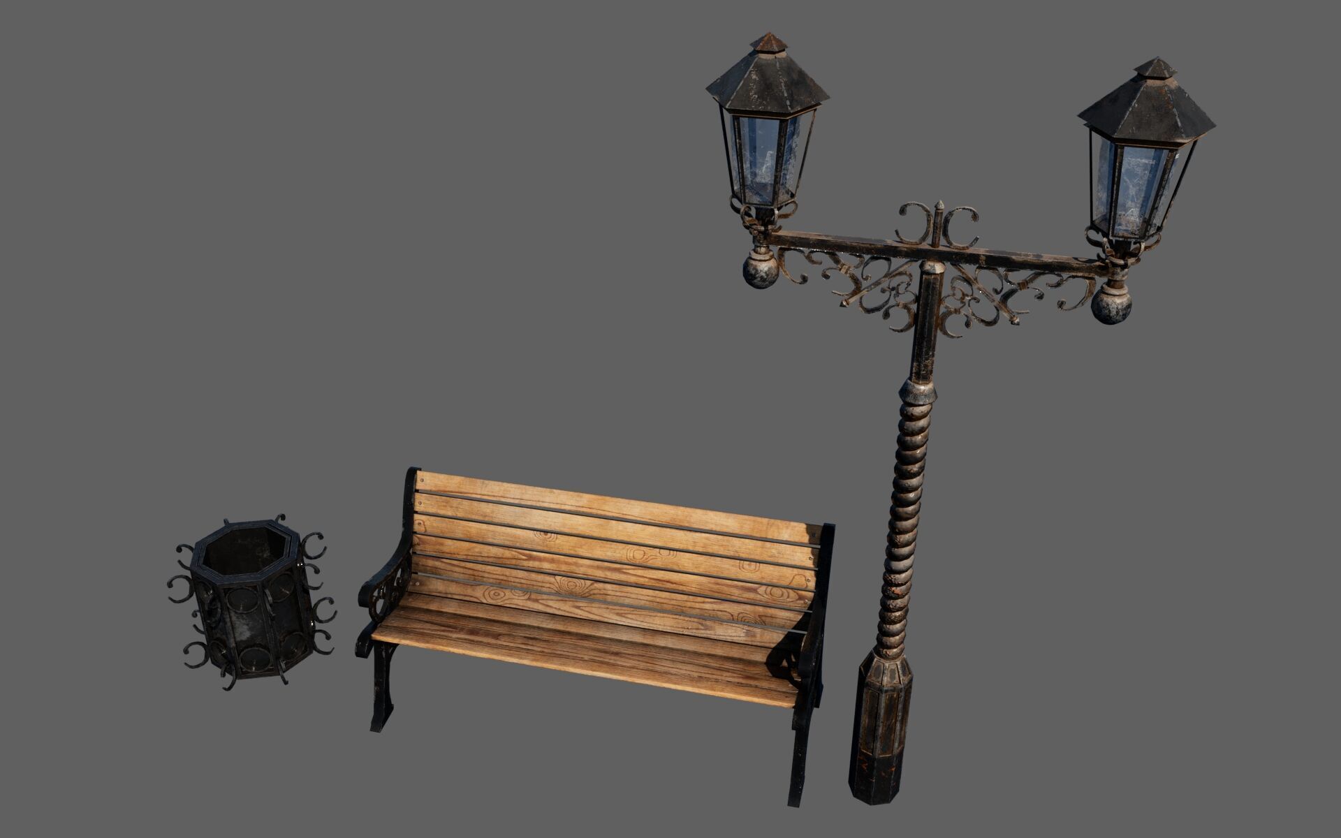 Urban Bench Set - 3 Variations - Trash Bin and Street Lamp Low-poly 3D model_16