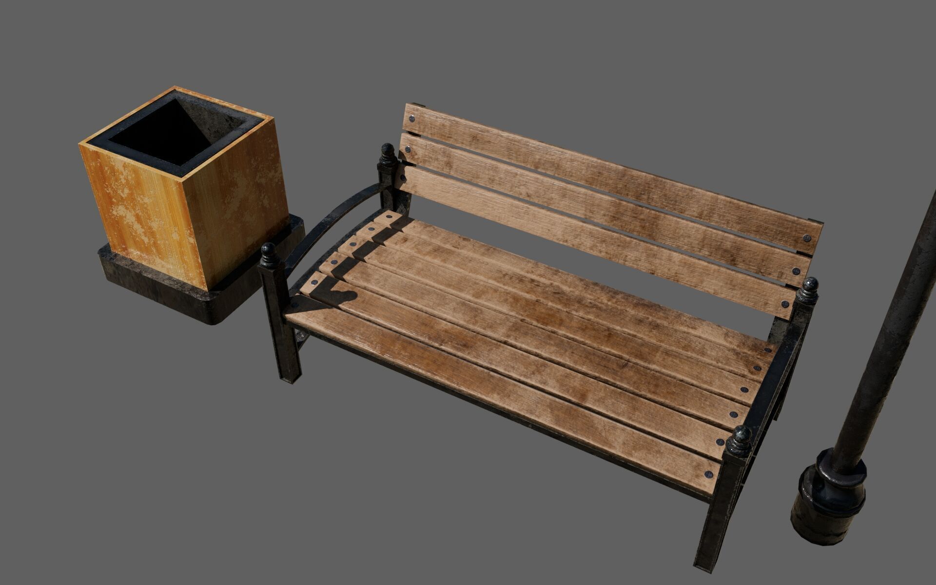 Urban Bench Set - 3 Variations - Trash Bin and Street Lamp Low-poly 3D model_28