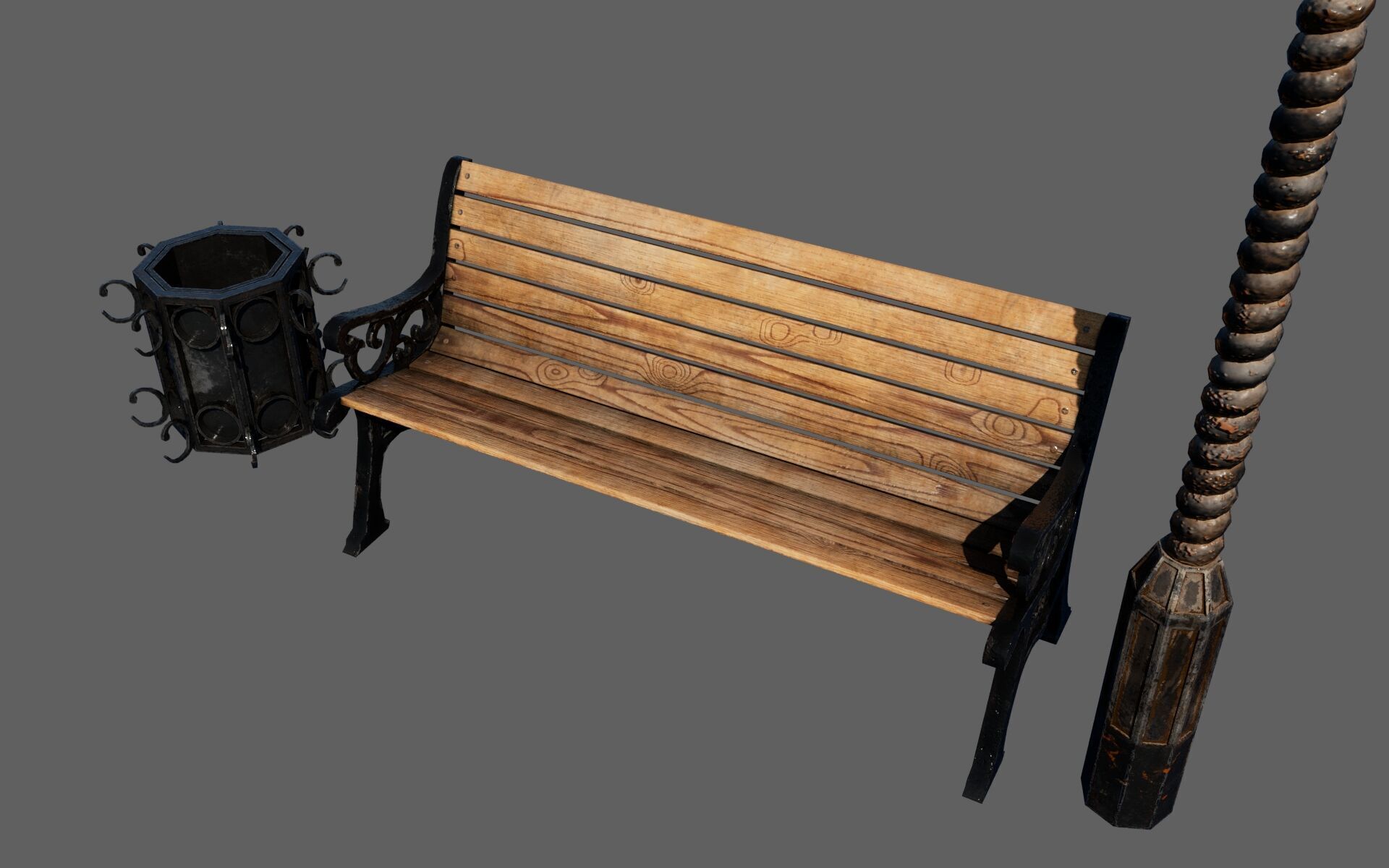 Urban Bench Set - 3 Variations - Trash Bin and Street Lamp Low-poly 3D model_17