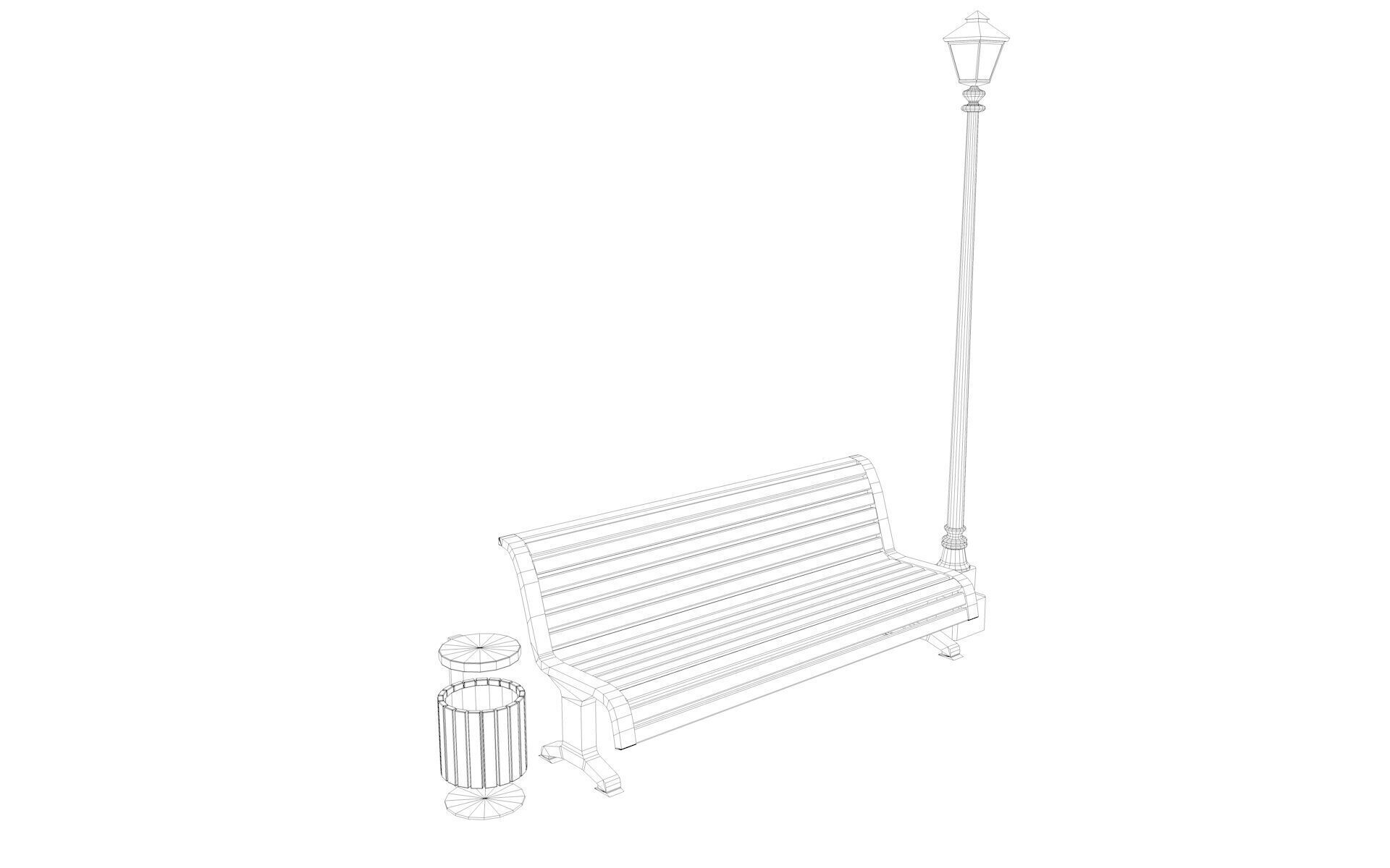 Urban Bench Set - 3 Variations - Trash Bin and Street Lamp Low-poly 3D model_39