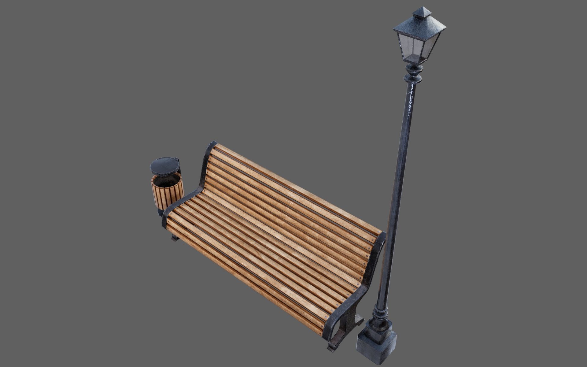 Urban Bench Set - 3 Variations - Trash Bin and Street Lamp Low-poly 3D model_2
